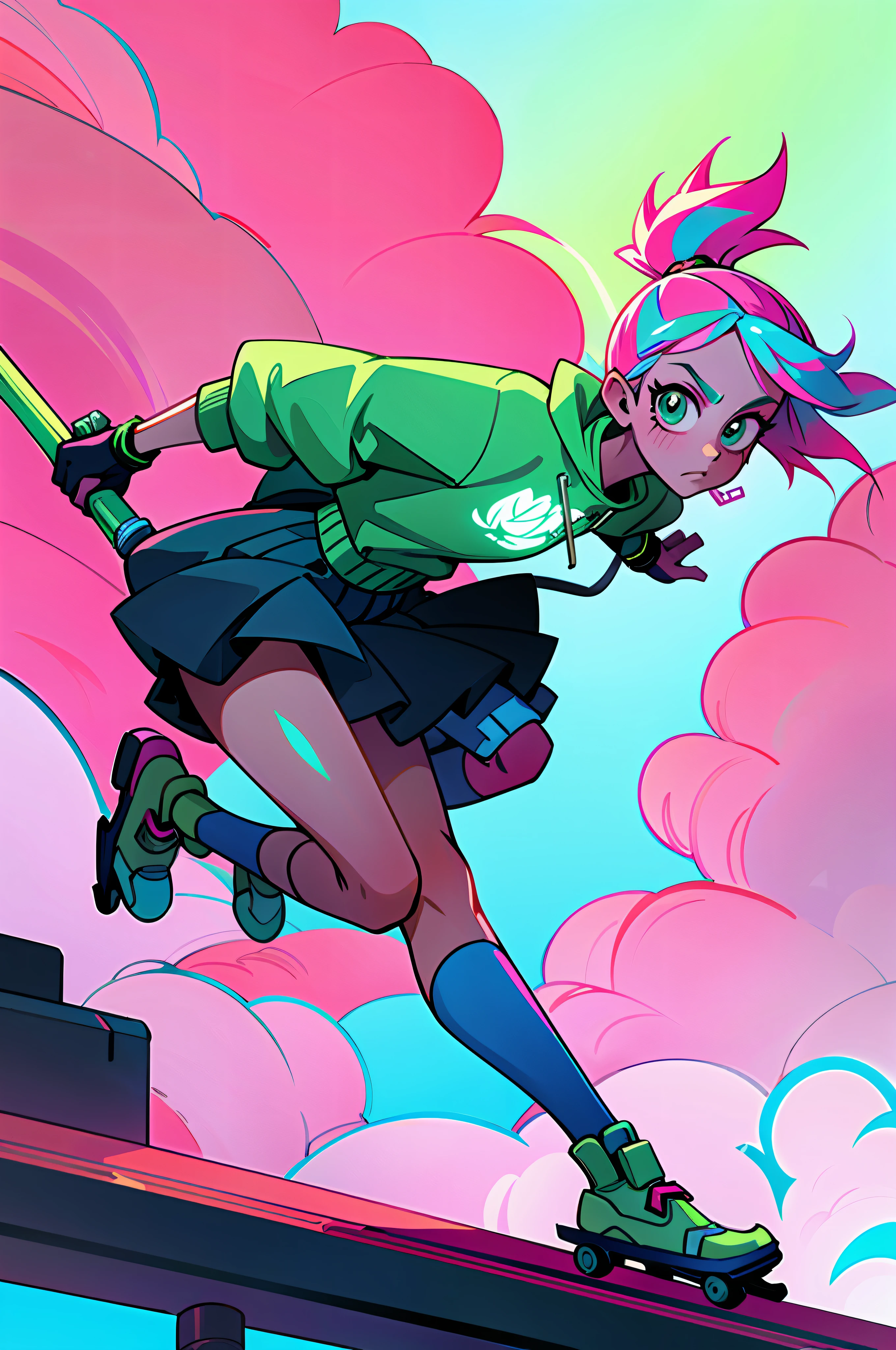 (Best Quality, Masterpiece), green and pink, 1Girl, Cyberpunk, Sweatshirt, Neon, Cloudy Sky, (Cartoon: 1), skating with rollerblades