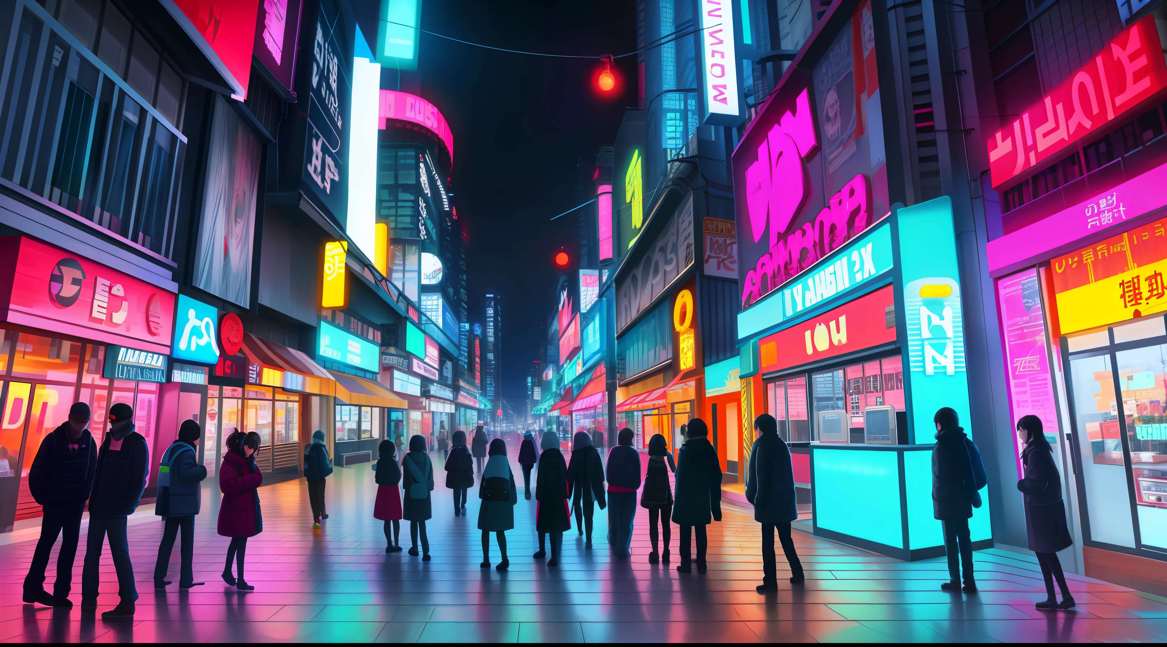 Street view of a city with people passing by and with neon cyberpunk style details