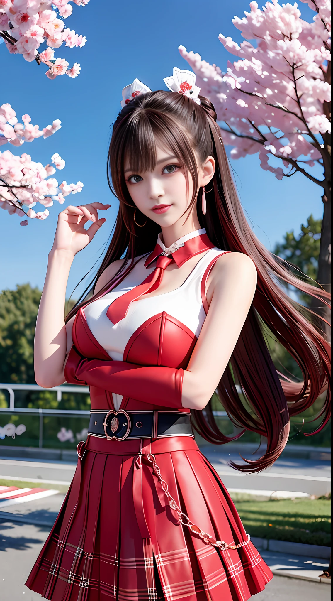 Masterpiece, Superb Piece, Full Body, 1girl, Bangs, Red Choker, Red Tie, Long Pink Hair, Red Skirt, Blush, Bracelet, Choker, Waist Dress, Collarbone, Collared Shirt, Denim Photo, Dress Shirt, Ear Piercing, Eyebrows Visible Through Hair, Gradient Hair, Grin, Gyaru, Jewelry, Kogal, Long Hair, Look at the Audience, Loose Tie, Tie, Piercing, Plaid Skirt, Plaid Skirt, Pleated Skirt, Red Eyes, Ring, School Uniform, Shirt, Skirt, Smile, solo, white shirt, street, sky, cherry blossoms, petals, illustration, (magazine: 1.3), (cover style: 1.3), fashion, woman, vibrant, dress, pose, front, colorful, dynamic, background, element, confident, expressive, hold, statement, attachment, majestic, coiled, around, touch, scene, text, cover, bold, eye-catching, title, fashion, font, catchy, title, bigger, eye-catching, modern, fashionable, focused, stylish, full-body, full-body photo