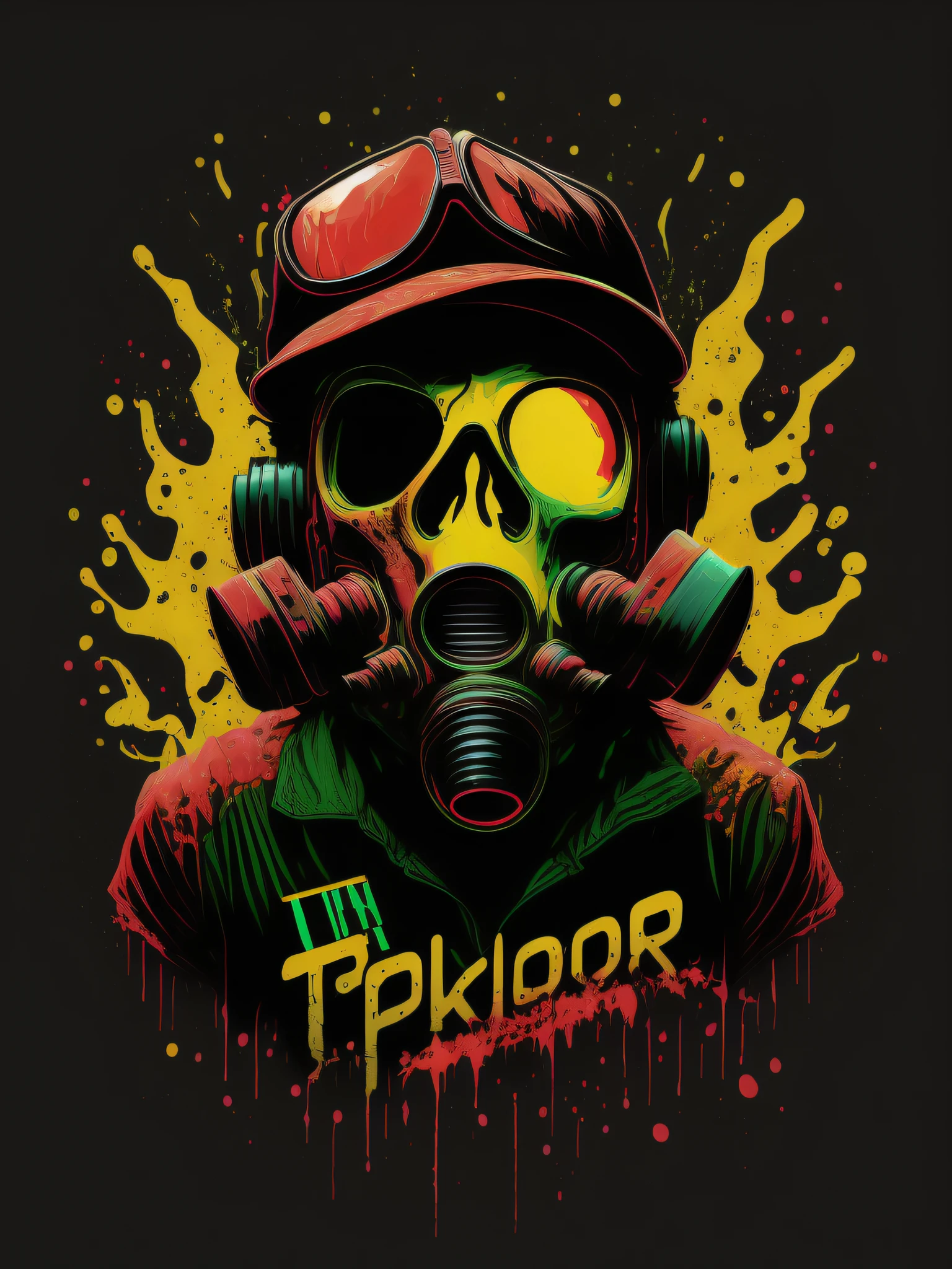 pixador skeleton with gas mask and cap, splash, spray, tracks, 80's, vector image, t-shirt design, isolated, black background, illustration, use only yellow and red green colors, with letters "TDR" highlighted