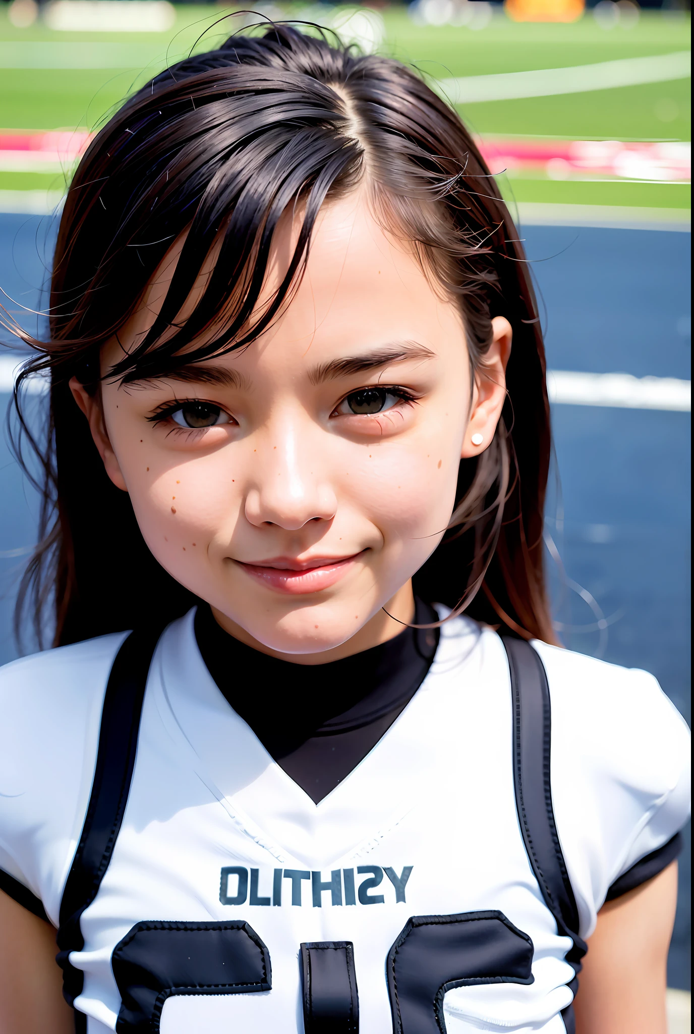 (Medium Hair))), Best Quality, 8K, HDR, Hi-Res, Absurdity: 1.2, Background Blur, Bokeh: 1.2, Photo, (RAW Photo: 1.2), (Photorealistic: 1.4), (Masterpiece: 1.3), (Complex Details: 1.2), 1 Girl, Solo, Japan Girl, Delicate, Beautiful, Detailed, (Detailed Eyes), (Detailed Facial Features), Petite, (((Small))) , Skin tight, (see the beholder), Frontal, (Skinny), (Best Quality: 1.4), (Ultra High Definition: 1.2), Cinemalite, (Highly Detailed Illustration), (Lip Gloss, Best Quality, Ultra High Resolution, Depth of Field, Caustics, Broadlighting, Natural Shading, 85mm, f/1.4, ISO 200, 1/160s: 0.75), 1 girl, Solo, ((((football uniform)))) smiling and doing peace, ((football uniform suit, football field))