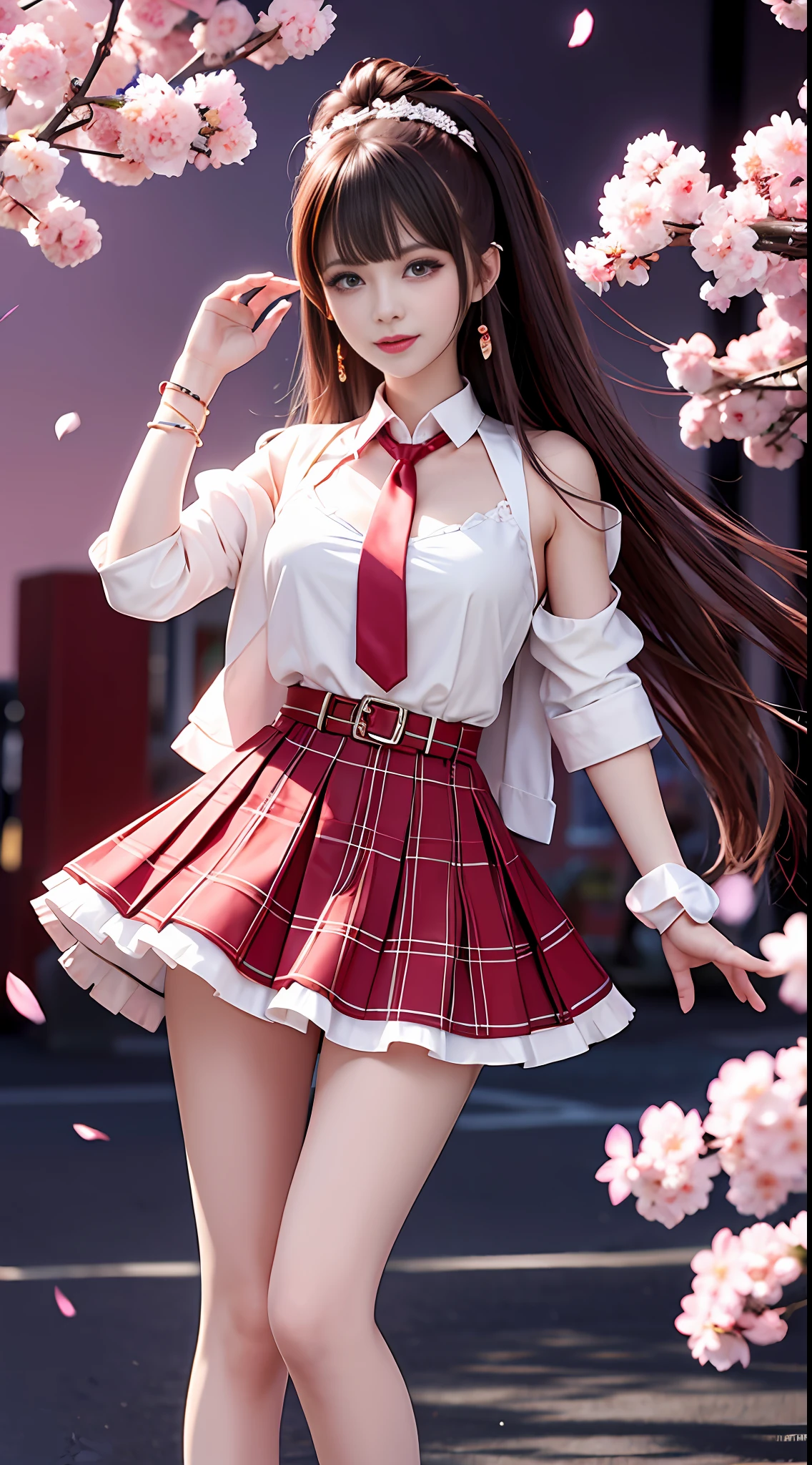 Masterpiece, Superb Piece, Full Body, 1girl, Bangs, Red Choker, Red Tie, Long Pink Hair, Red Skirt, Blush, Bracelet, Choker, Waist Dress, Collarbone, Collared Shirt, Denim Photo, Dress Shirt, Ear Piercing, Eyebrows Visible Through Hair, Gradient Hair, Grin, Gyaru, Jewelry, Kogal, Long Hair, Look at the Audience, Loose Tie, Tie, Piercing, Plaid Skirt, Plaid Skirt, Pleated Skirt, Red Eyes, Ring, School Uniform, Shirt, Skirt, Smile, solo, white shirt, street, sky, cherry blossoms, petals, illustration, (magazine: 1.3), (cover style: 1.3), fashion, woman, vibrant, dress, pose, front, colorful, dynamic, background, element, confident, expressive, hold, statement, attachment, majestic, coiled, around, touch, scene, text, cover, bold, eye-catching, title, fashion, font, catchy, title, bigger, eye-catching, modern, fashionable, focused, stylish, full-body, full-body photo