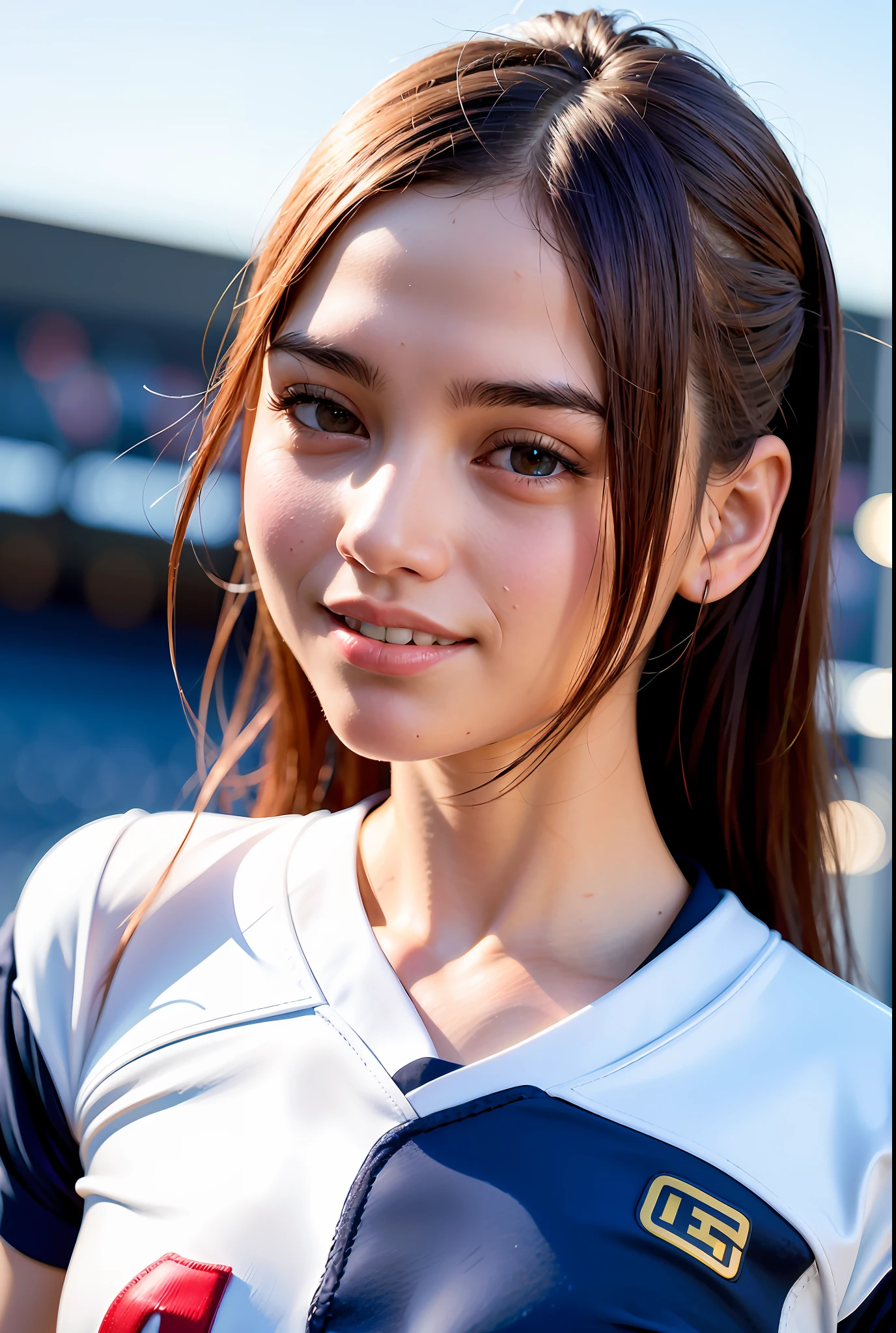 (Medium Hair))), Best Quality, 8K, HDR, Hi-Res, Absurdity: 1.2, Background Blur, Bokeh: 1.2, Photo, (RAW Photo: 1.2), (Photorealistic: 1.4), (Masterpiece: 1.3), (Complex Details: 1.2), 1 Girl, Solo, Japan Girl, Delicate, Beautiful, Detailed, (Detailed Eyes), (Detailed Facial Features), Petite, (((Small))) , Skin tight, (see the beholder), Frontal, (Skinny), (Best Quality: 1.4), (Ultra High Definition: 1.2), Cinemalite, (Highly Detailed Illustration), (Lip Gloss, Best Quality, Ultra High Resolution, Depth of Field, Caustics, Broadlighting, Natural Shading, 85mm, f/1.4, ISO 200, 1/160s: 0.75), 1 girl, Solo, ((((football uniform)))) smiling and doing peace, ((football uniform suit, football field))