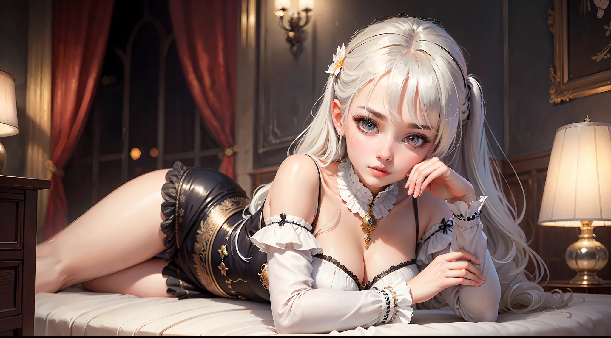 masterpiece, highest quality, best quality, formal art, beautiful and aesthetic: 1.2), extremely detailed eyes, (fractal art: 1.3), colorful, highest level of detail, (perfect face), shiny skin, HDR) 1 girl, white hairs, cute, lying now, before sleeping, pose, sexy pose