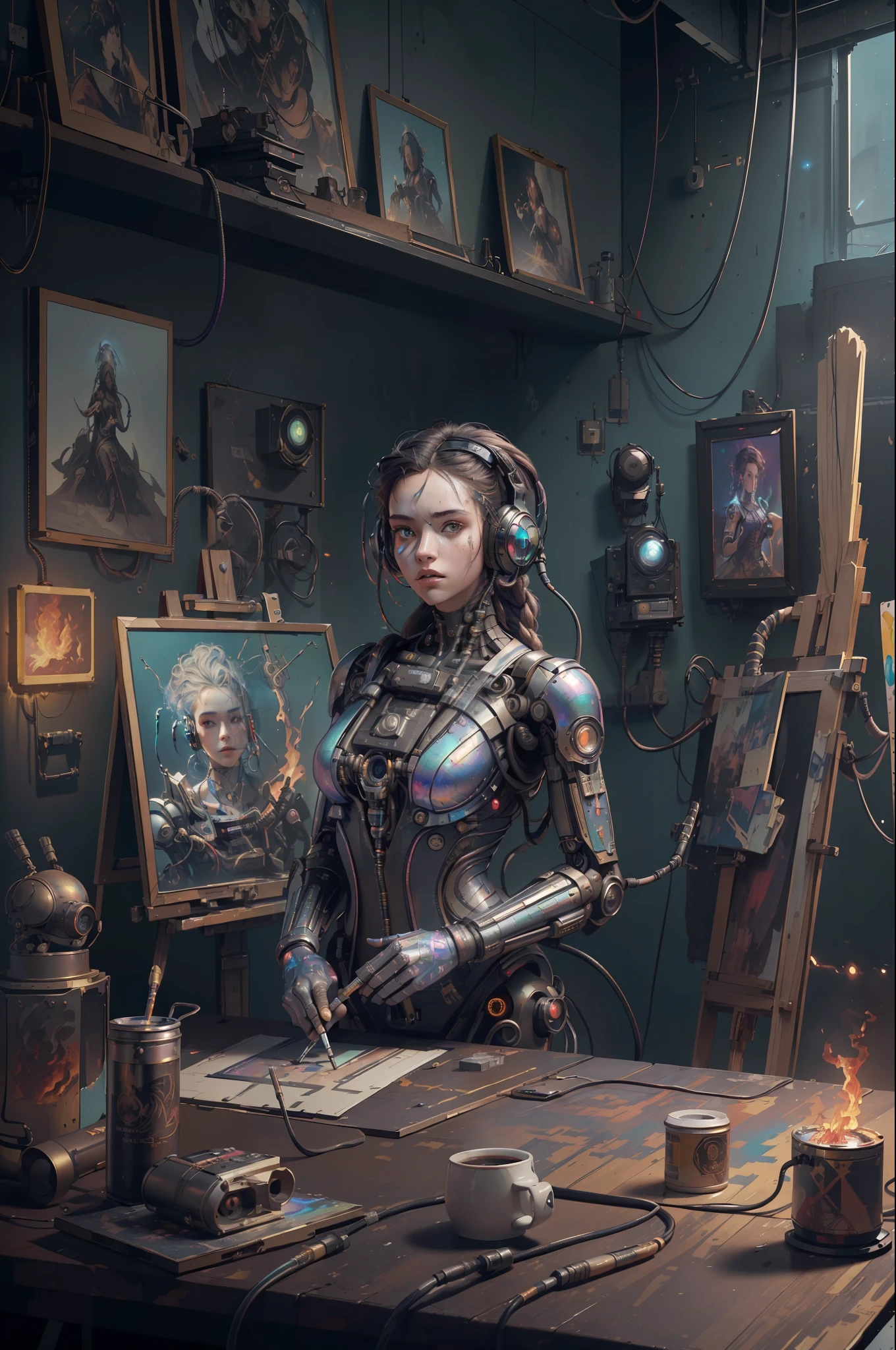 (masterpiece, best quality, highres, absurdres, detailed:1.2), humanoid, robot, wearing headphones, looking away, (cyberpunk, art canvas, paint brush, easel, iridescent, holographic: 1.6), (cables, wires, flames, fire, smoke, overheat, explosion, indoors, room, simple background)