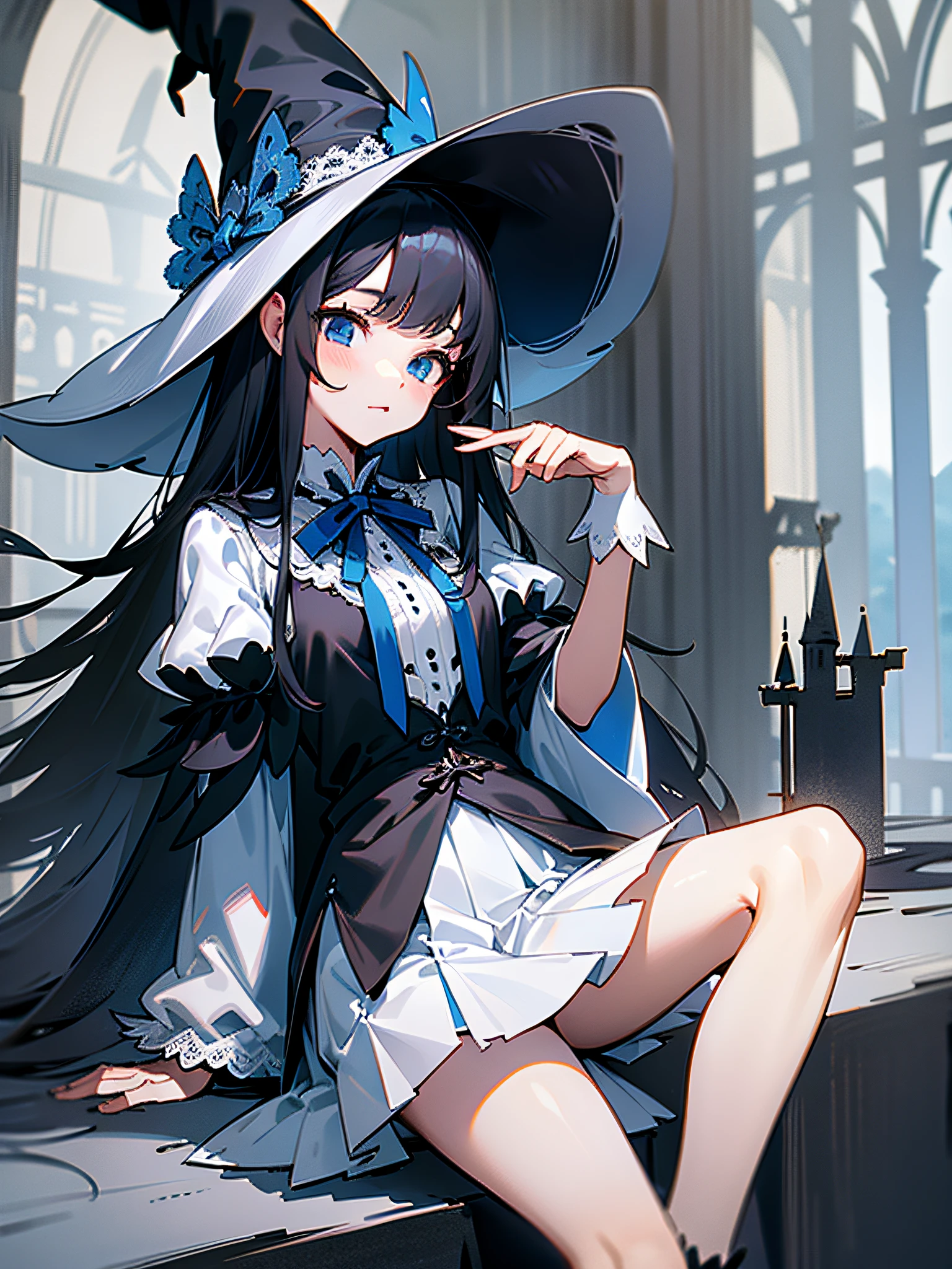 Witch, alone, white silk, short skirt with gray and white, short skirt with lace trim, black witch hat, castle, slender legs, blue eyes, black hair, long hair, straight hair,