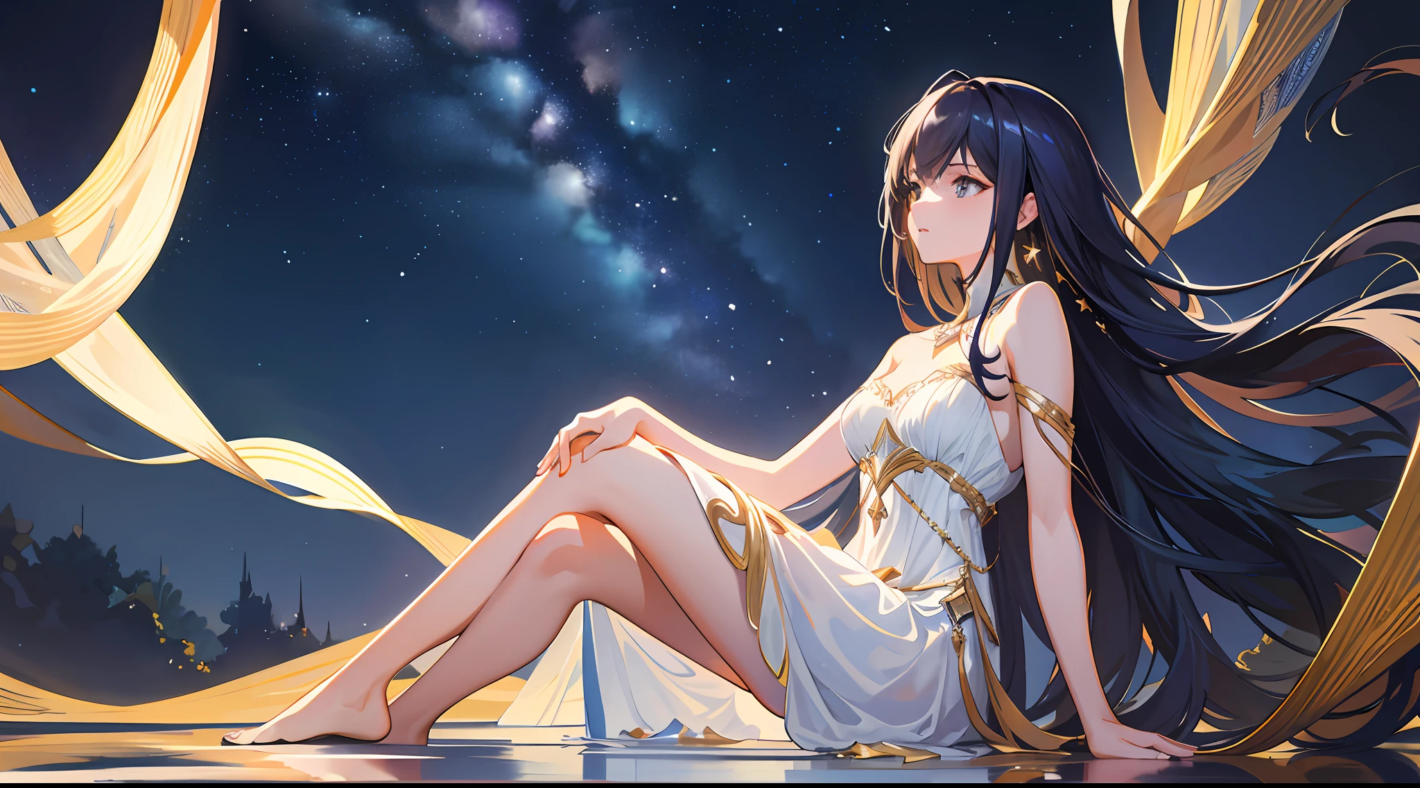 1girl, sitting, thighs, beautiful and delicate girl, flowing long dress, detailed clothing, bare shoulders, from below, from side, expressnessless, starry sky, highres, 4K, 8k, HD, best quality, high quality, high details, anatomically correct, masterpiece, extreamly detailed wallpaper