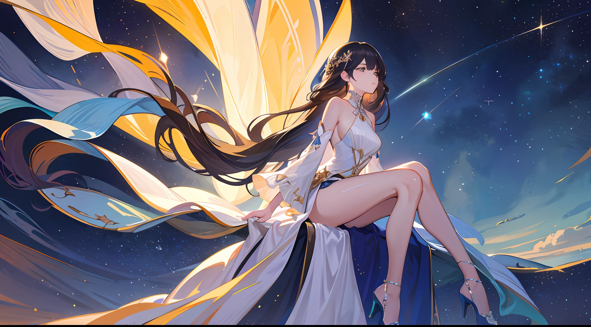 1girl, sitting, thighs, beautiful and delicate girl, flowing long dress, detailed clothing, bare shoulders, from below, from side, expressnessless, starry sky, highres, 4K, 8k, HD, best quality, high quality, high details, anatomically correct, masterpiece, extreamly detailed wallpaper