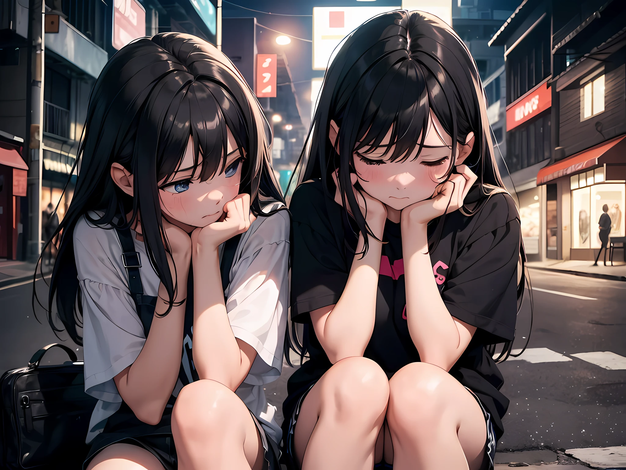 At night, downstairs, on the side of the road, two girls hugged each other, sitting on the ground, with sad expressions on their faces, crying, and their upper bodies on display