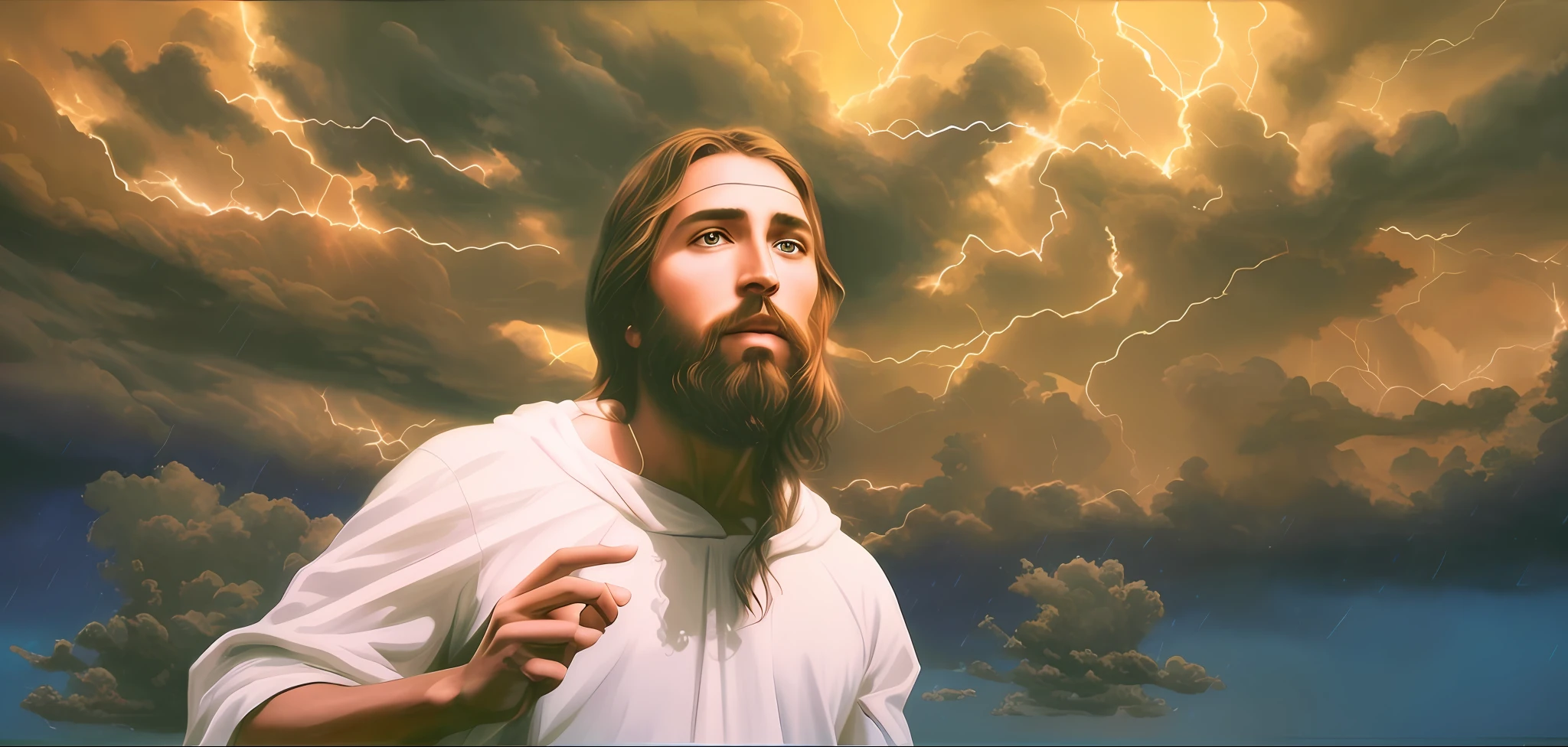 a painting of jesus is standing in front of a cloudy sky, rob rey, epic biblical depiction, the sea and storms behind him, god looking at me, during a storm, the rapture, greg olsen, young almighty god, heavenly rapture, in rapture, by Juan O'Gorman, rob mcnaughton, during a thunderstorm, jesus christ