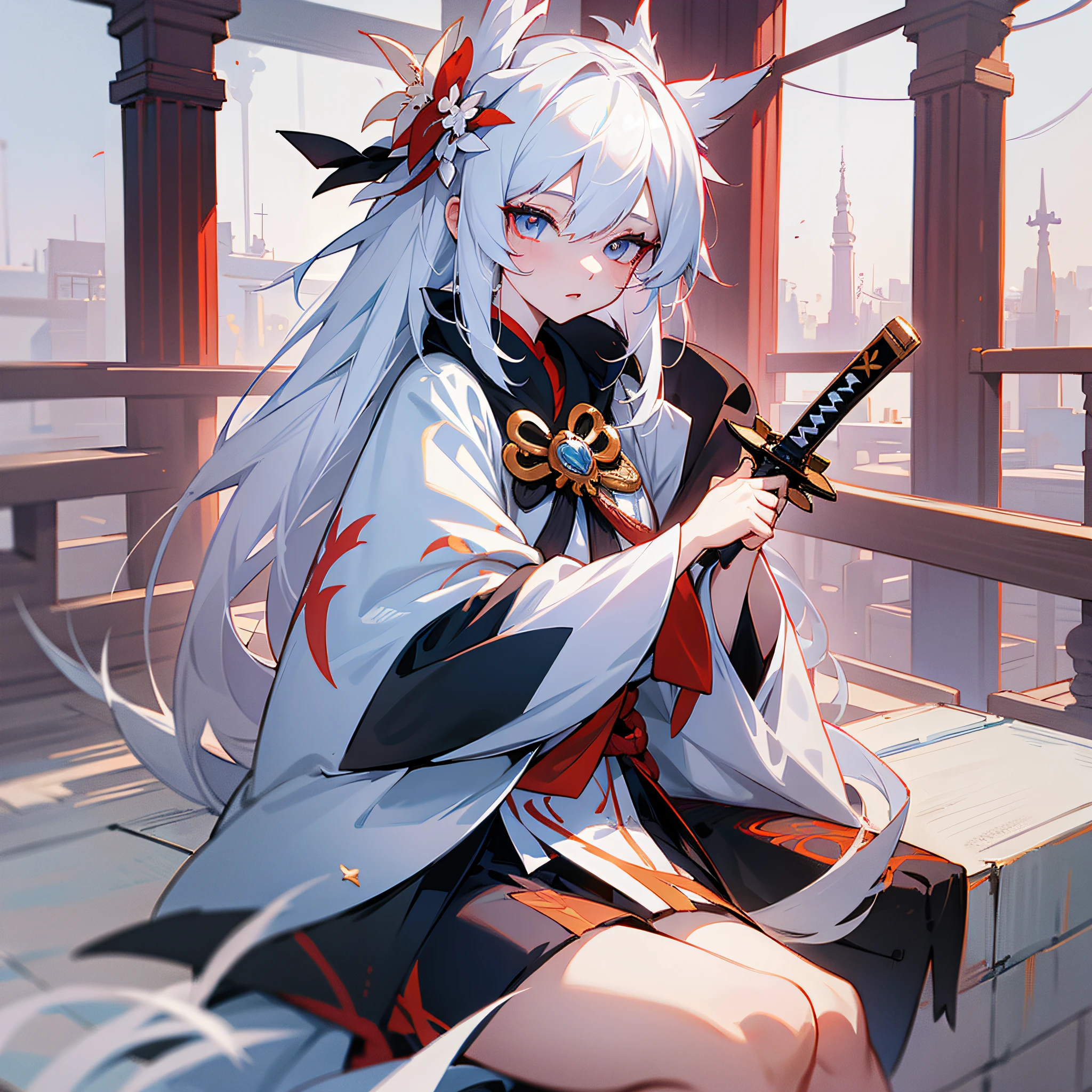 Anime girl with white hair and a sword sitting on a platform, white haired deity, perfect white haired girl, girl with white hair, white hair, white haired lady, detailed onmyoji art, white hair, onmyoji portrait, ayaka genshin impact, trend in artstation pixiv, onmyoji, cushart krenz female key art, red jacket