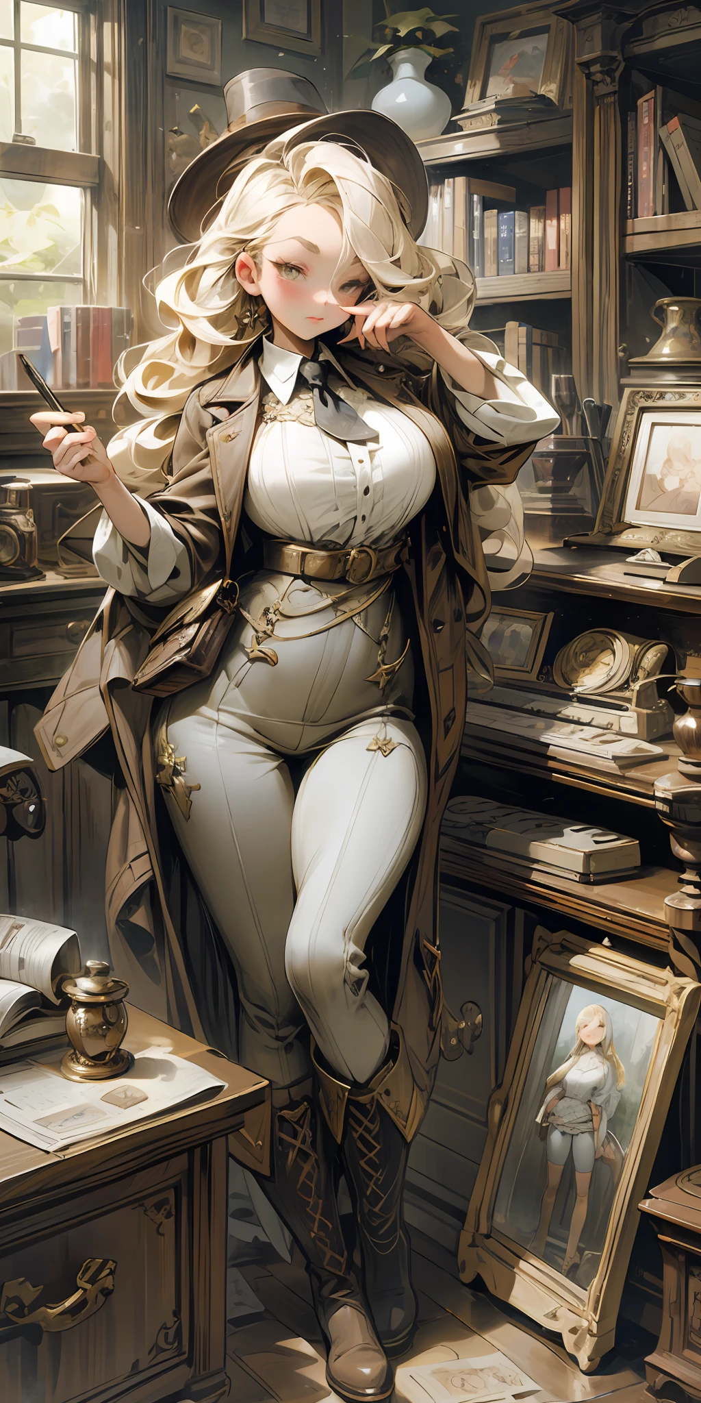 European and American style beautiful girl, blonde long hair curly, phoenix eyes, light eyebrows, eye shadow, lip moisturizer, beautiful figure, beautiful curves, super exaggerated giant breast weight, big thick legs, sexy and charming, steampunk, own room, game console, computer, display, keyboard, mouse, yukata, pistol rack, leather bag, boots, antique radio, coffee, model train, bookcase, wooden chair, pot, fan, painting, plush toy, tie, notebook, stationery, vase, photo frame, letter, pen, calendar, lamp, mat, basket, mirror, Candles, newspapers, candy, outside the window you can see the park, telephone, fruit, binoculars, retro TV