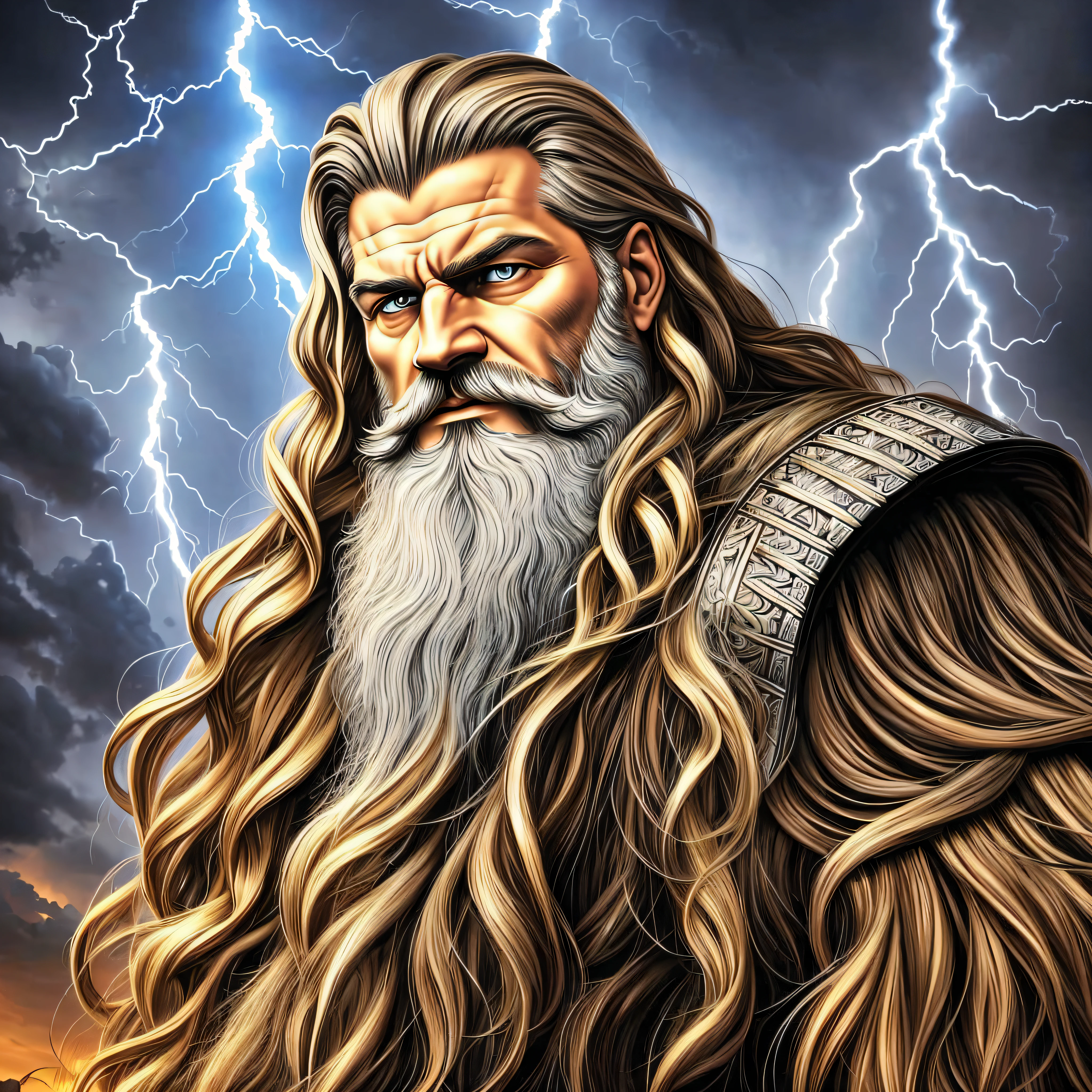 a man with long hair and a beard standing in front of lightning, painted portrait of rugged zeus, furious god zeus, the god of thunder, portrait of rugged zeus, the god zeus, god of thunder, painted portrait of rugged odin, portrait zeus, godrays digital painting, the god poseidon, the allfather, black thor, by Drew Tucker --auto --s2