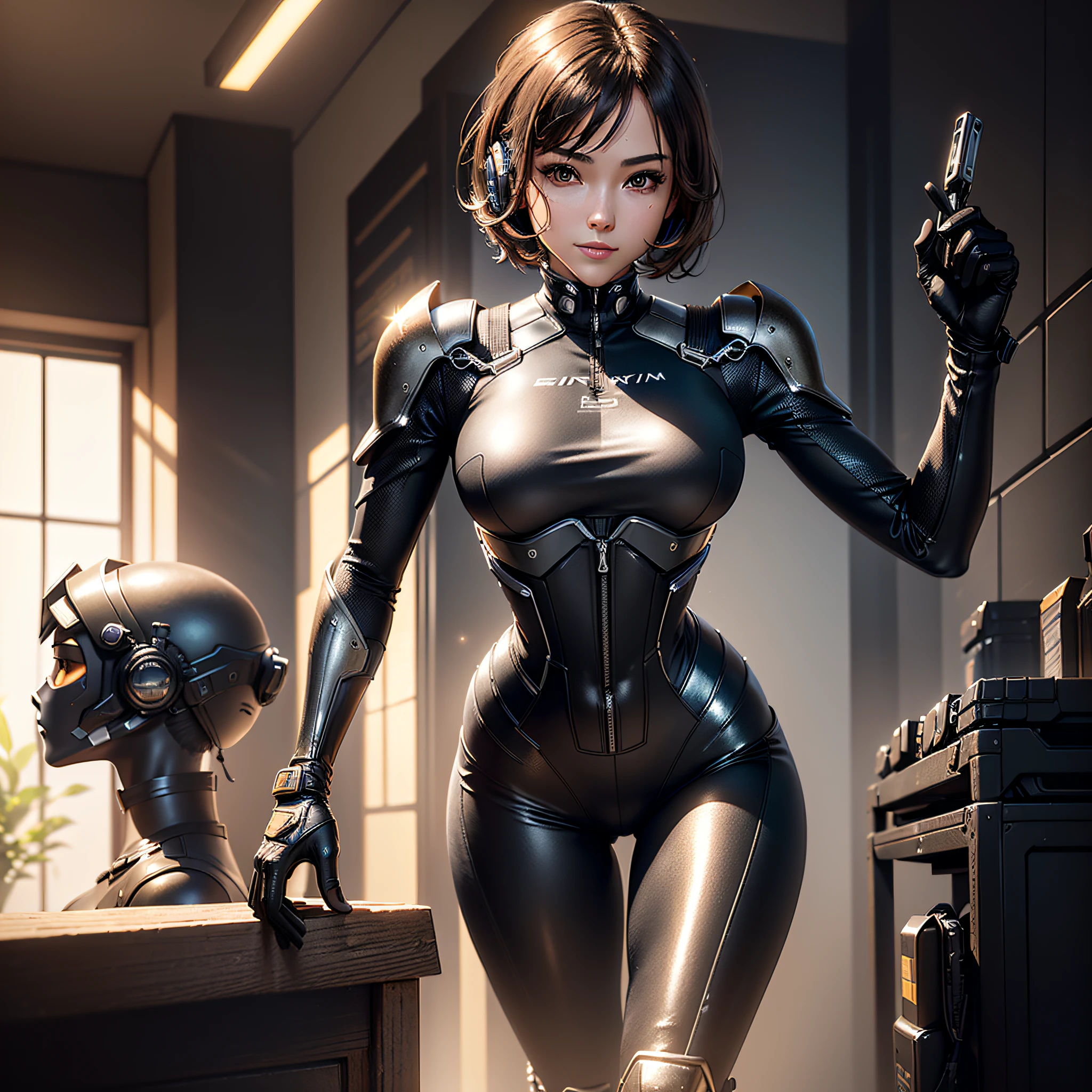 (Masterpiece, Best Quality, Best Resolution, distinct_image, Elaborate CG, Cinematic Lighting, Ray Tracing, Drop Shadows, Detail, (Photorealistic: 1.4), High Quality Textures, Fine-grained, Realistic Look): (Solo, Solo Girl, Japan Face, Brown-haired Girl, Short Hair, Small Breast Size, Glittering Black Eyes, Eye level shot, metallic black pilot suit, tight fit wear, clothes that cover the whole body, light smile, beauty, slim body, exoskeleton, heroine, headset, long boots, gloves, supine and open legs)