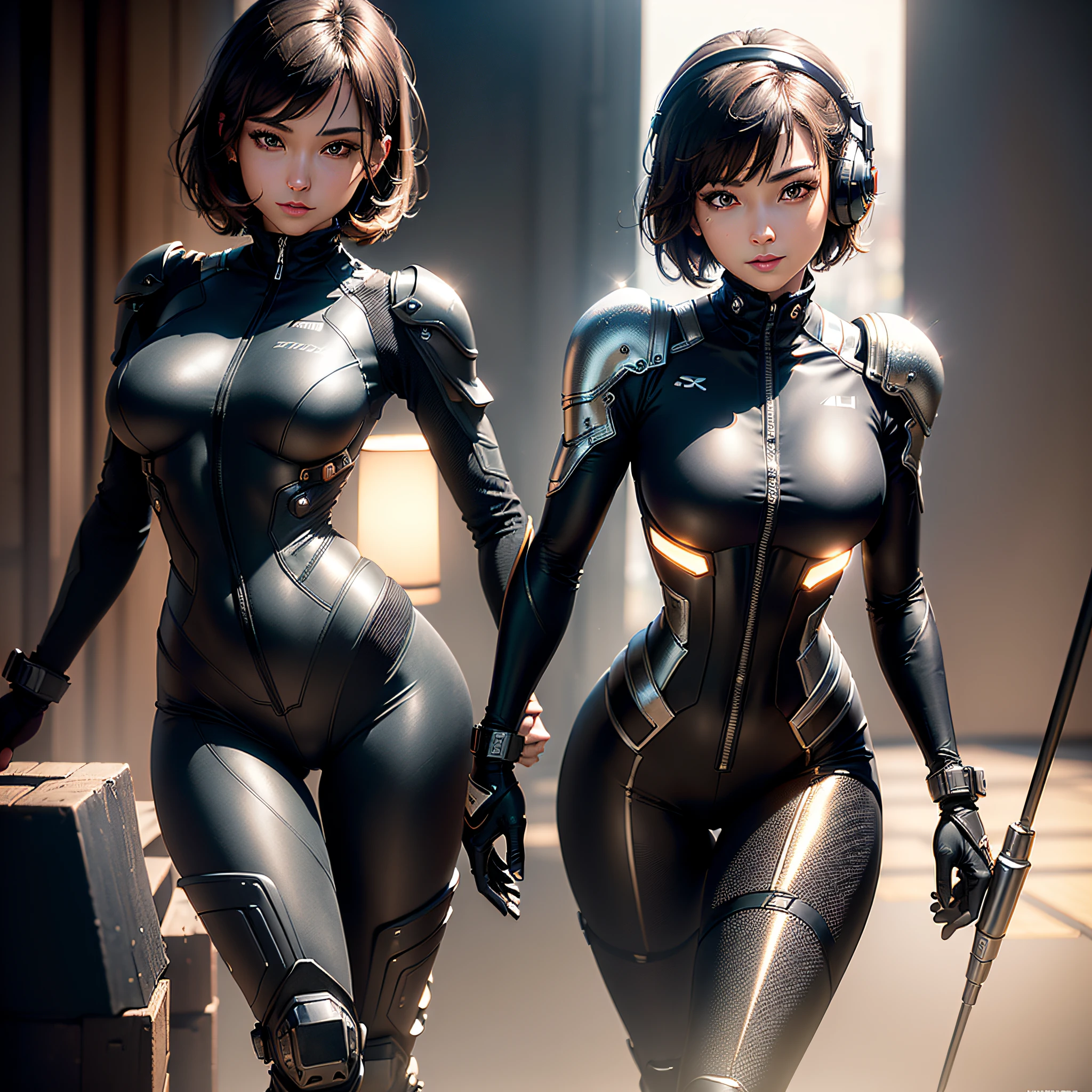 (Masterpiece, Best Quality, Best Resolution, distinct_image, Elaborate CG, Cinematic Lighting, Ray Tracing, Drop Shadows, Detail, (Photorealistic: 1.4), High Quality Textures, Fine-grained, Realistic Look): (Solo, Solo Girl, Japan Face, Brown-haired Girl, Short Hair, Small Breast Size, Glittering Black Eyes, Eye level shot, metallic black pilot suit, tight fit wear, clothes that cover the whole body, light smile, beauty, slim body, exoskeleton, heroine, headset, long boots, gloves, supine and open legs)