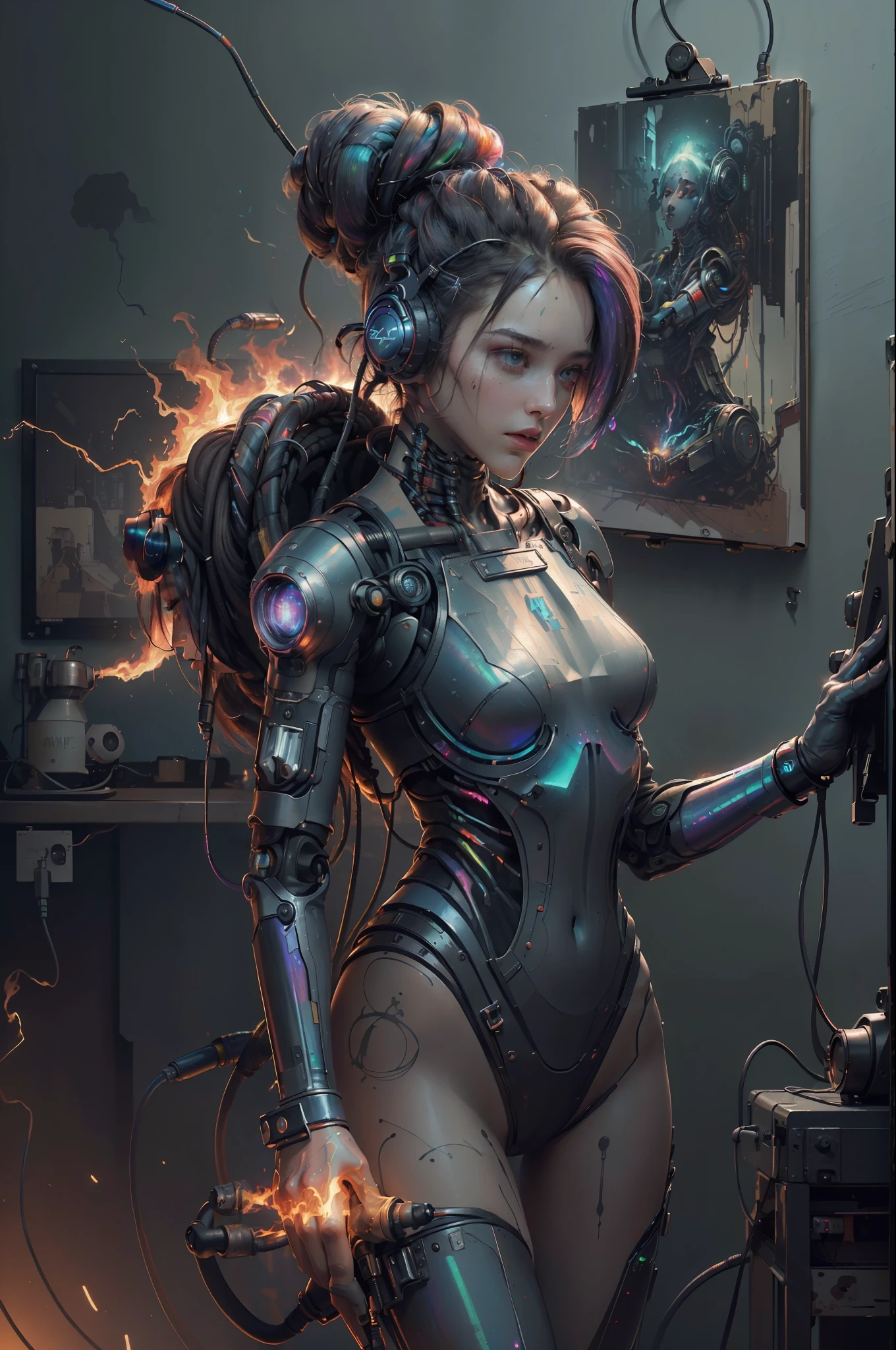 (masterpiece, best quality, highres, absurdres, detailed:1.2), humanoid, robot, wearing headphones, looking away, (cyberpunk, art canvas, paint brush, easel, iridescent, holographic: 1.6), (cables, wires, flames, fire, smoke, overheat, explosion, indoors, room, simple background)