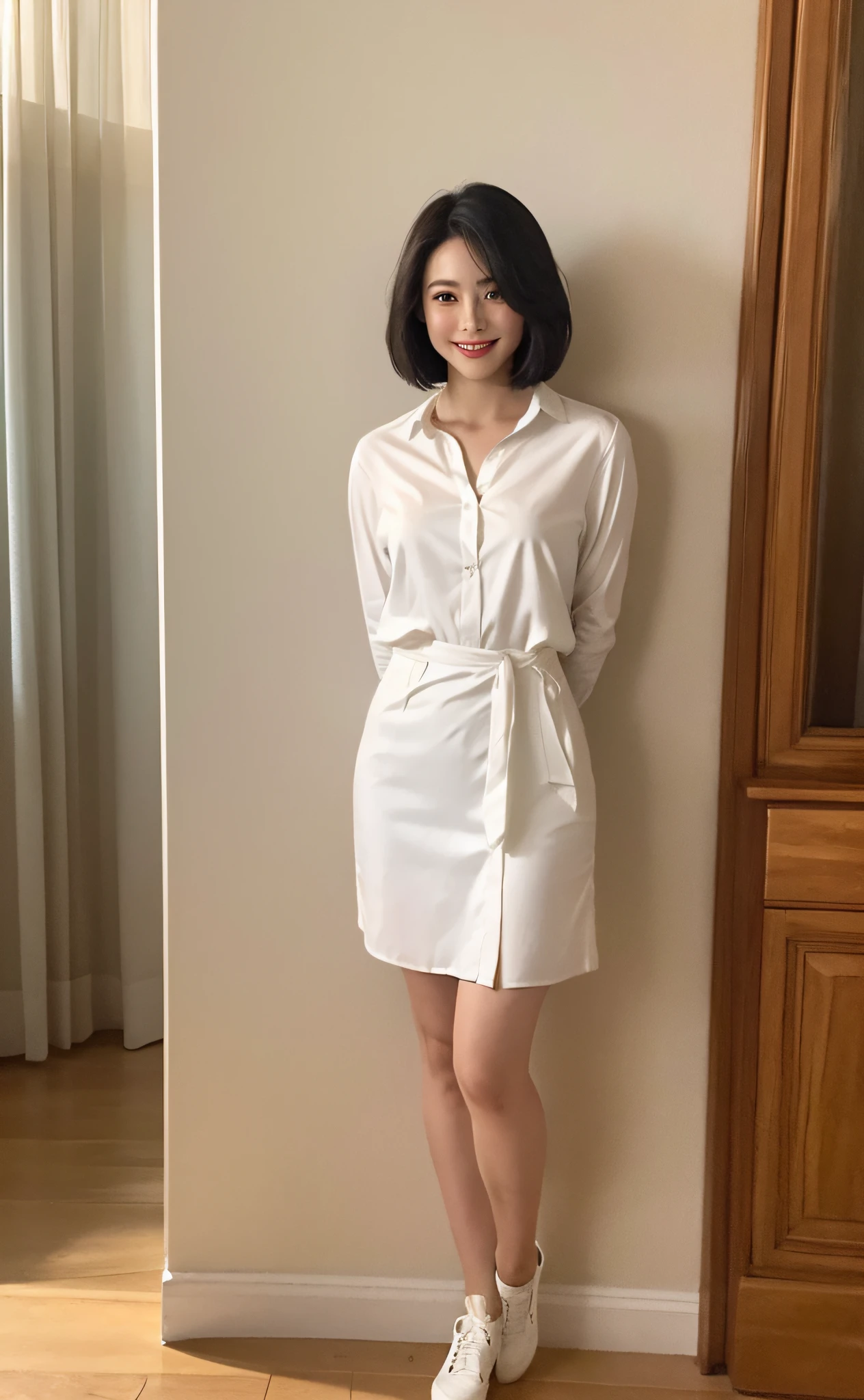 (8k, top quality, masterpiece: 1.2), (realistic, photorealistic: 1.37), super detailed, beauty, cute, solo, standing, (smile: 1.15), (closed mouth), black hair, fine beautiful eyes, big, white shirt, (short hair: 1.2), floating hair NovaFrogStyle, room without windows, background is white, shadows are not reflected, full body, smile, oblique face, both arms are reflected, Full head shown, people cropped, face illuminated