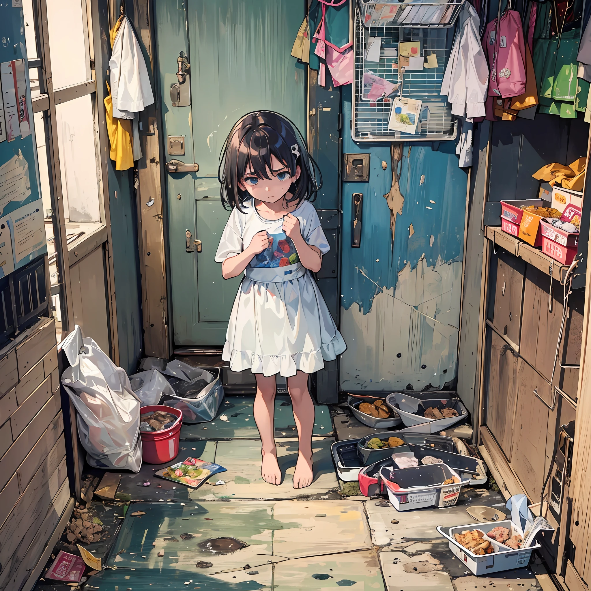 An image that expresses the sadness and vulnerability of a child who goes hungry in an unfavorable environment may show a sad, downcast child looking for food in an empty, dirty refrigerator with the door open. The surrounding environment can be dark and dirty, with poor lighting and obvious clutter.

In the background of the image, there may be a representation of the discord of the parents, with the image of a fight or aggressive argument. This can accentuate the child's sense of helplessness and vulnerability, which is affected by tension and conflict among the adults responsible for it.

The image can convey a sense of sadness and helplessness, with the child seeming lost and desperate in their search for food in an unfavorable environment. At the same time, the image can also be a reminder of the importance of public policies that ensure access to food and adequate living conditions for all children.

The image can be a powerful representation of the challenges faced by many children in situations of poverty and vulnerability. It can be a call to action for people to mobilize around ways to help children who need it most, guaranteeing them the right to food, health and well-being. --auto --s2