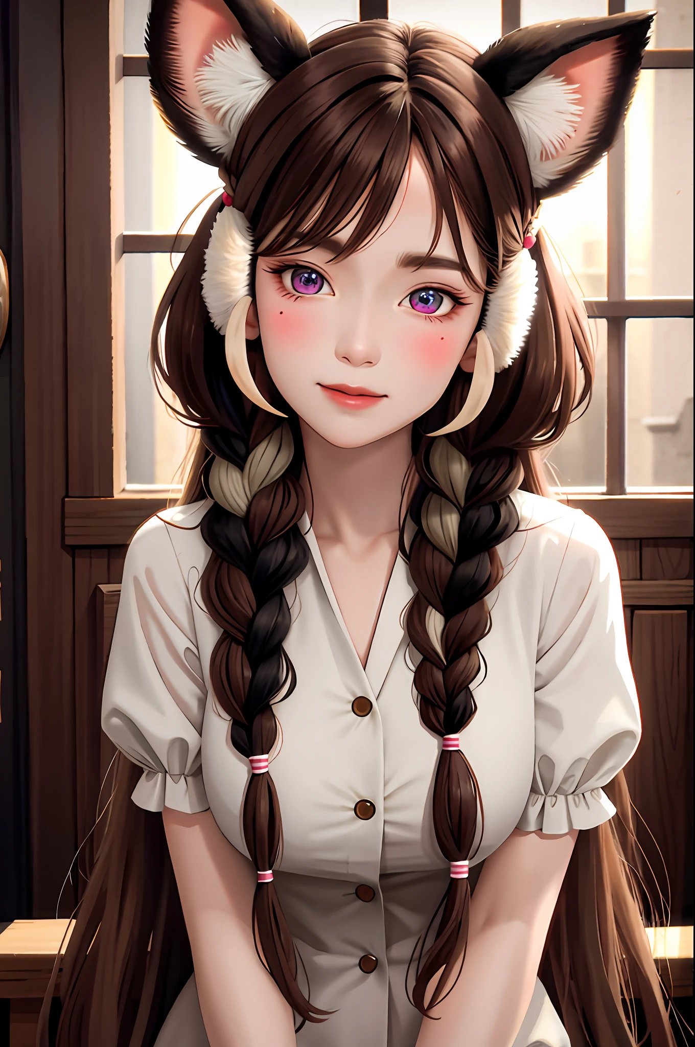 brown hair, two long braids, wince, long eyelashes, solid circle eyes, fake animal ears, light smile, blush ear, tusk, multicolored hair, soft under the eye, Surrealism, drop shadow, anaglyph, stereogram, tachi-e, pov, atmospheric perspective, depth of field, film grain, rococo style, 8k, super detail, ccurate, best quality