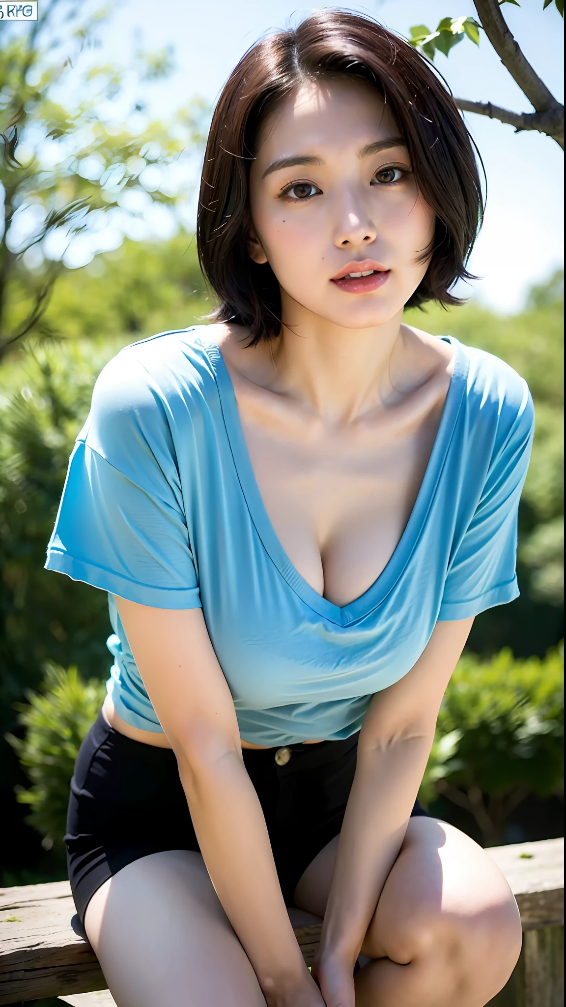 (Best quality, 8k, 32k, Masterpiece, UHD:1.2),Photo of Pretty Japanese woman,black short hair,beauty face,(leaning forward:1.3),squatting,(from above:1.2),(close up:1.4),pov,loose t-shirt,large breasts,(beautiful nipple slip:0.9),outdoors,windy,shiny skin,blurry background,