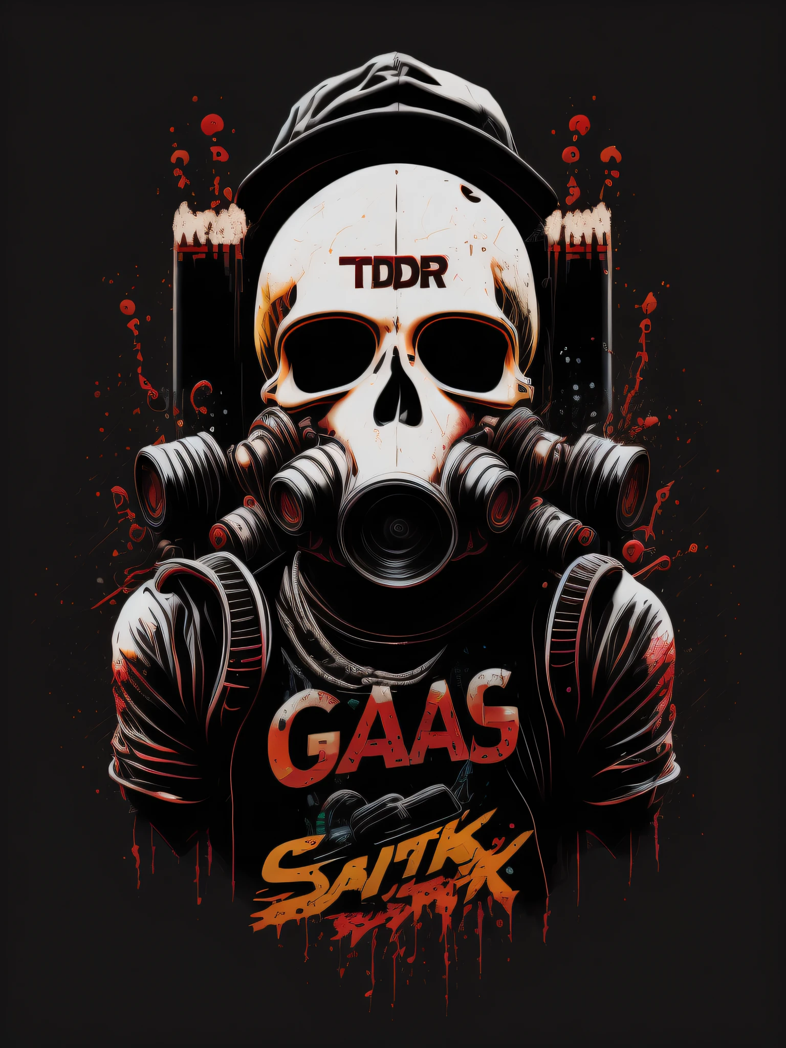 pixador skeleton with gas mask and cap, splash, spray, tracks, 80's, vector image, t-shirt design, isolated, black background, illustration, use only red and white brown colors, with letters "TDR" highlighted