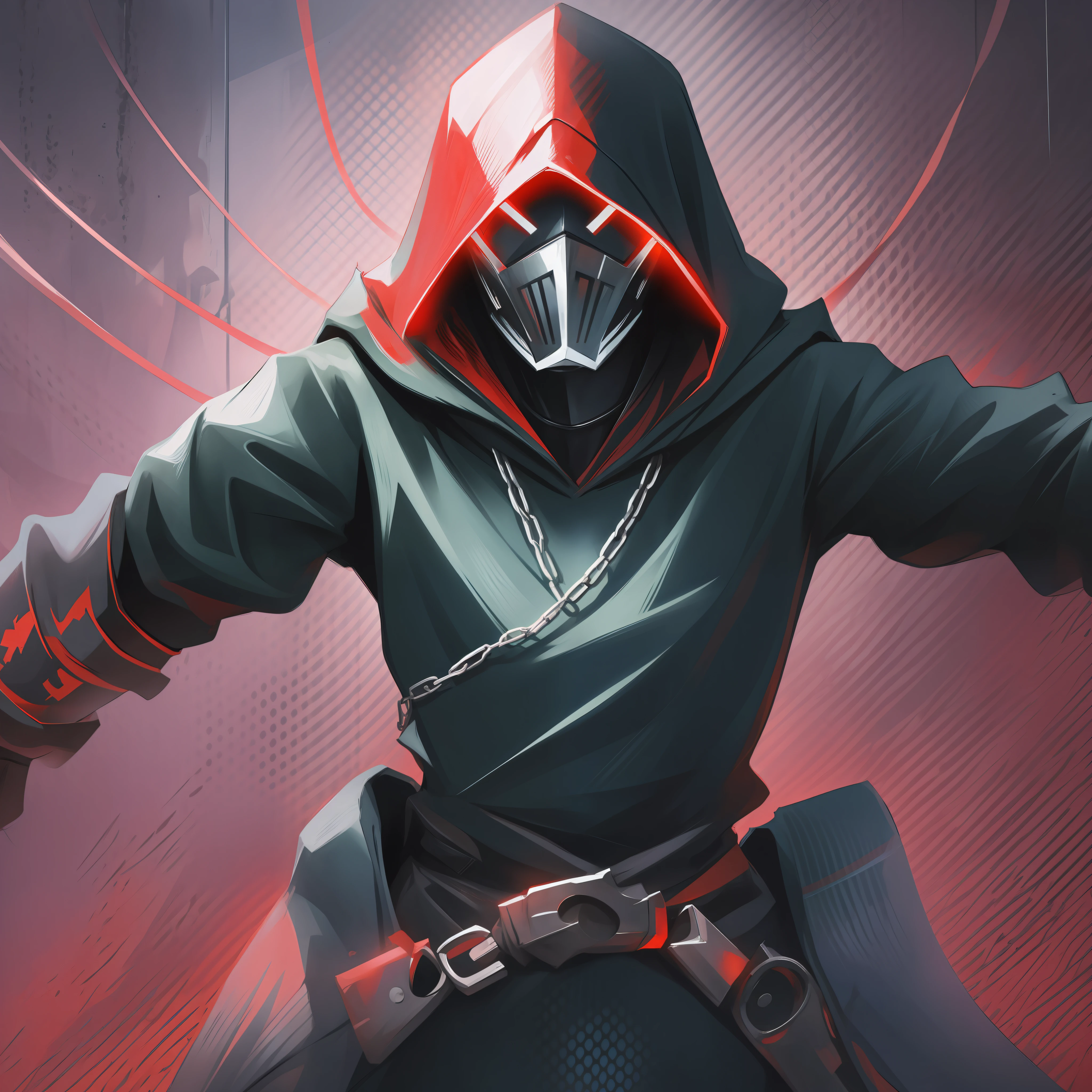 a strange mysterious hooded man with a full metal mask hiding his face is glowing an erratic unstable red whilst both of his arms are stretched out and chained to a wall either side of him imprisoning him scifi