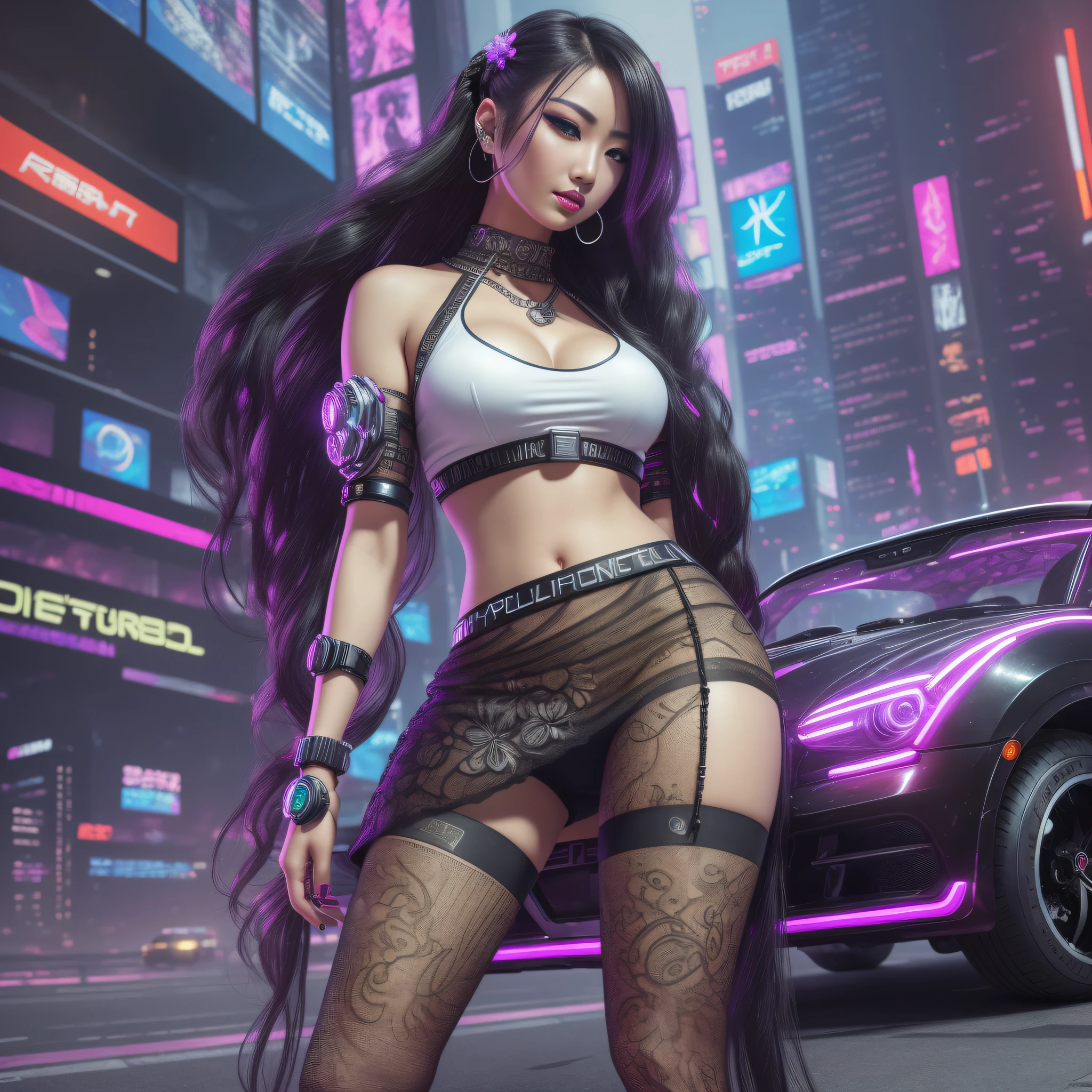 ((hyperrealistic, photorealistic, 8k, intricate details)) masterpiece, a hot cyberpunk Japanese girl, a cyberpunk maiden, a cyberpunk goddess, fleshy lips (lipstick, makeup), soft silky skin, 25 years old, full breasts, thick thighs, long braided hair (flower in hair), wearing a low-cut white top shirt, and a black mini-skirt, and lacy black pantyhose, jewelry and high-tech watches, posing Hip-Hop style in front of a futuristic (((well detailed)) chrome Cyberpunk flying car, with neon buildings with flags and LED screens in the background (depth of field).