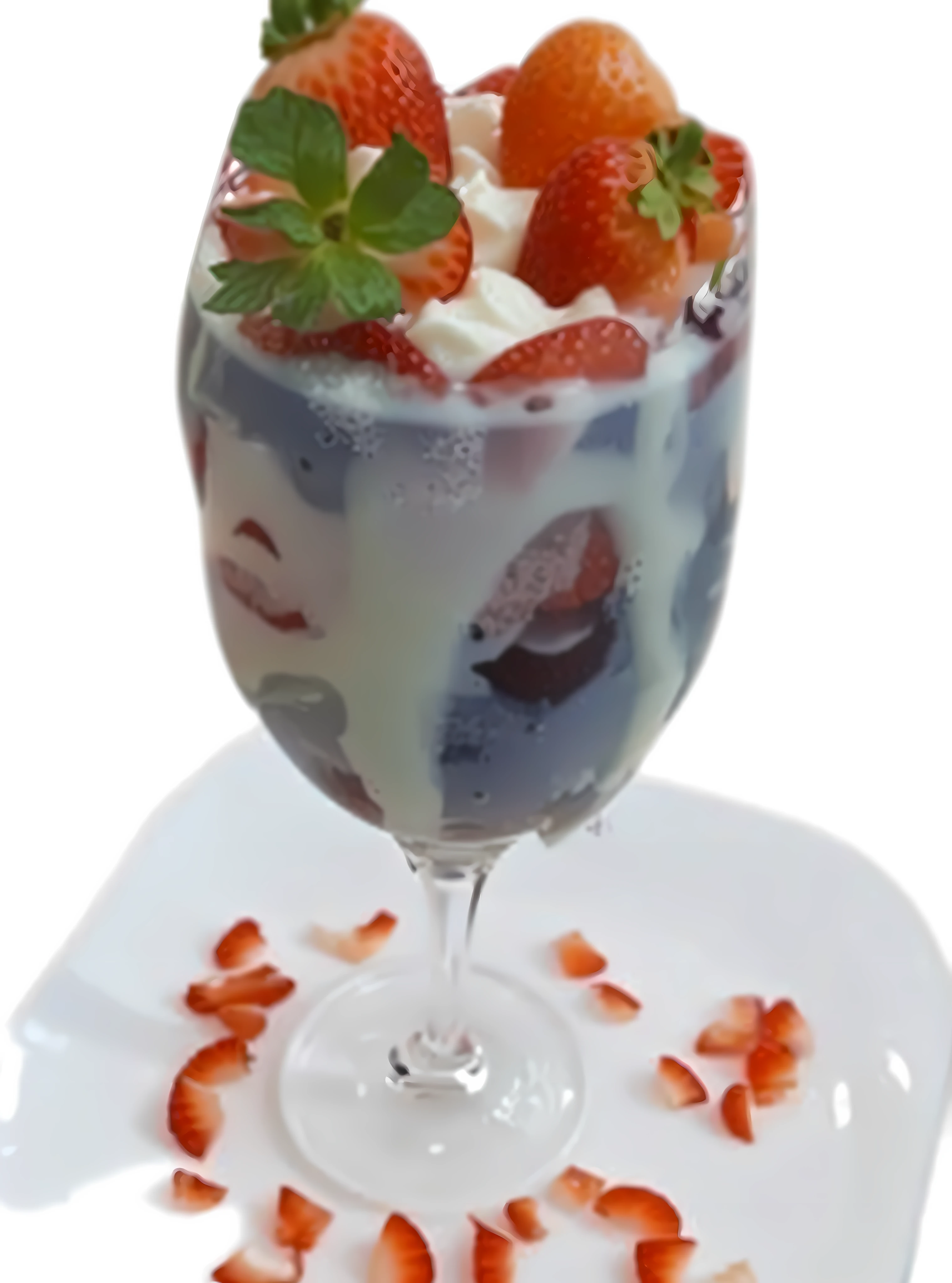 there is a dessert in a glass with strawberries and cream, sea of parfait, creamy, dessert, ❤🔥🍄🌪, refreshing, unique design, drink, jelly, 2995599206, very dynamic, shaky, jellyfish gelatin, blue and white and red mist, profile pic, sfw, strawberry ice cream --auto --s2
