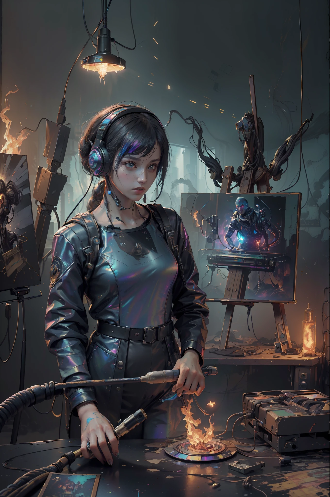 (masterpiece, best quality, highres, absurdres, detailed:1.2), humanoid, robot, wearing headphones, looking away, (cyberpunk, art canvas, paint brush, easel, iridescent, holographic: 1.6), (cables, wires, flames, fire, smoke, overheat, explosion, indoors, room, simple background)