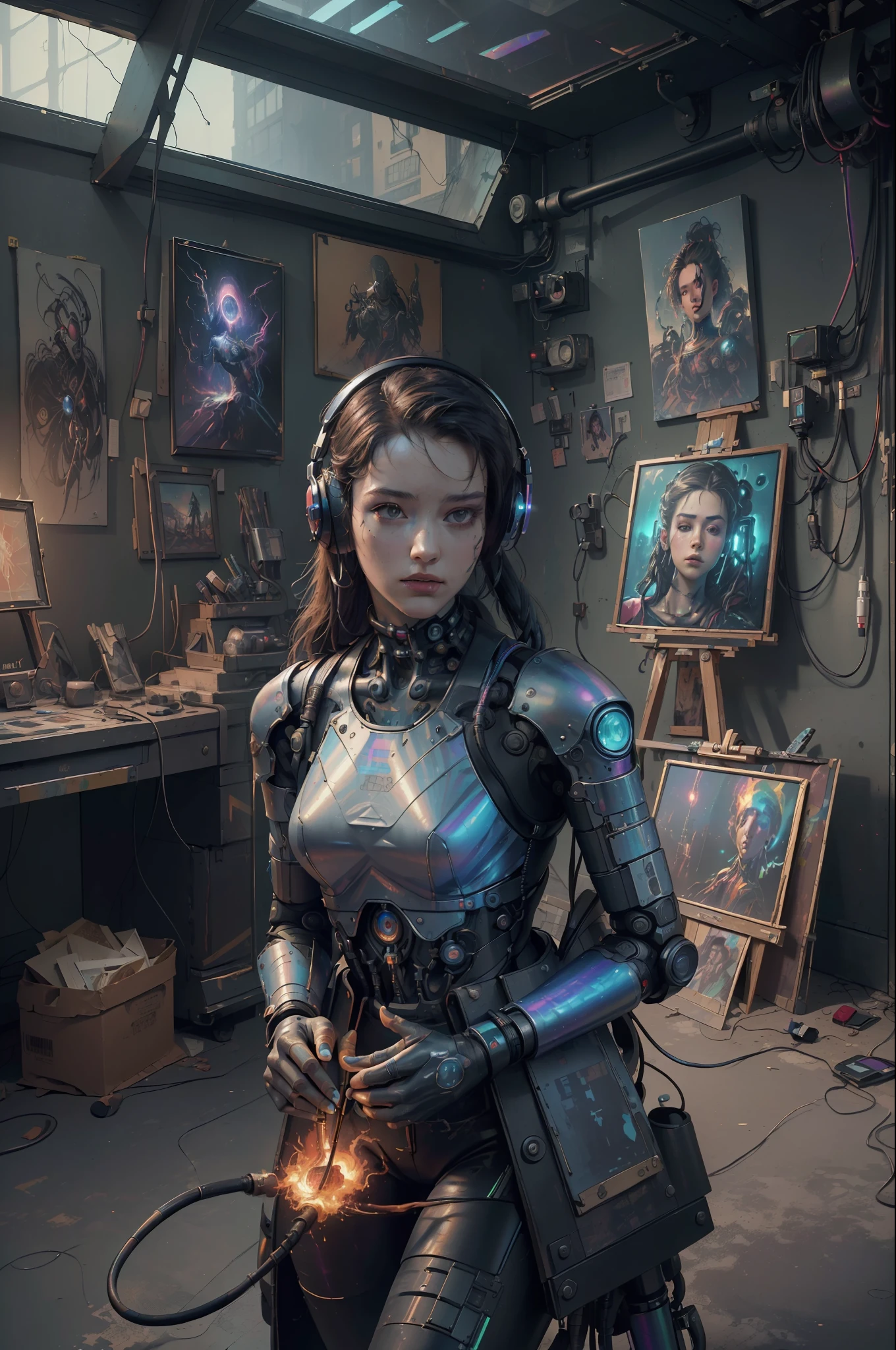 (masterpiece, best quality, highres, absurdres, detailed:1.2), humanoid, robot, wearing headphones, looking away, (cyberpunk, art canvas, paint brush, easel, iridescent, holographic: 1.6), (cables, wires, flames, fire, smoke, overheat, explosion, indoors, room, simple background)