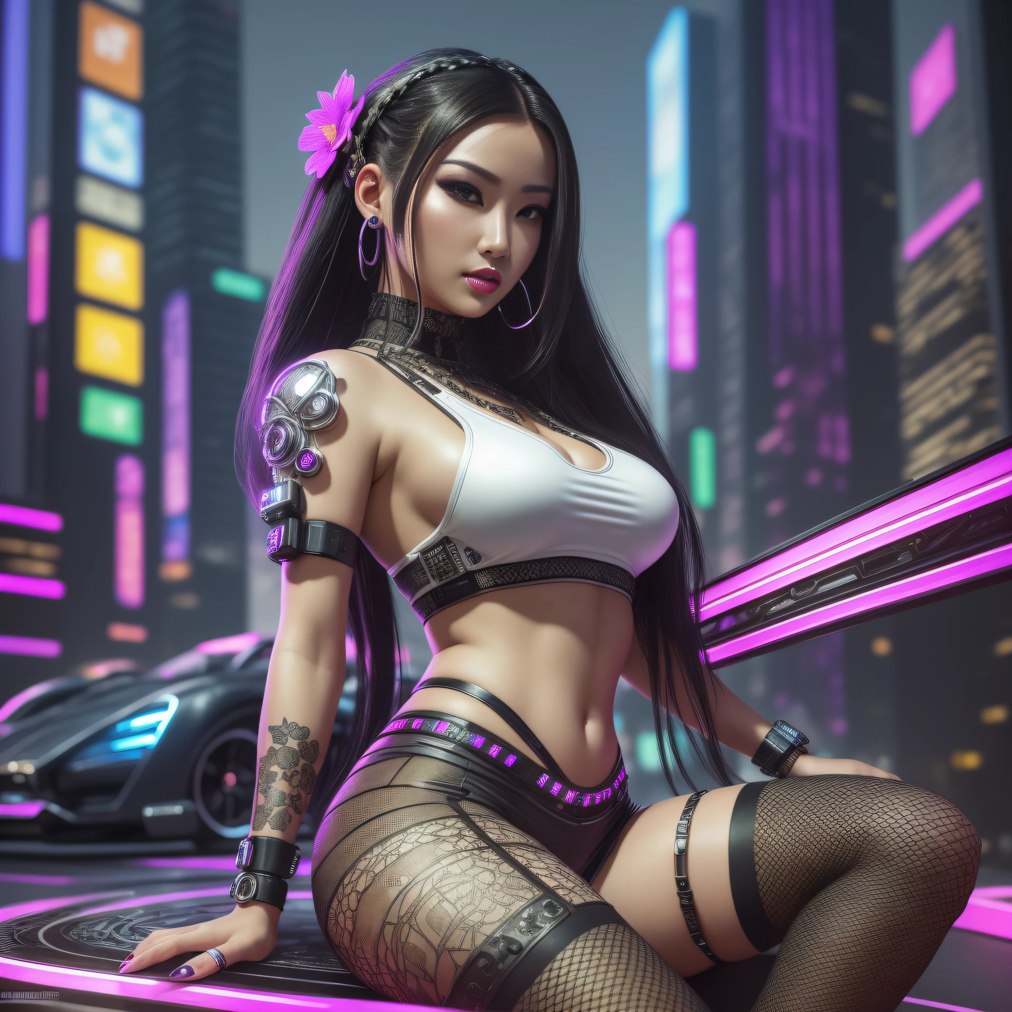 ((hyperrealistic, photorealistic, 8k, intricate details)) masterpiece, a hot cyberpunk Japanese girl, a cyberpunk maiden, a cyberpunk goddess, fleshy lips (lipstick, makeup), soft silky skin, 25 years old, full breasts, thick thighs, long braided hair (flower in hair), wearing a low-cut white top shirt, and a black mini-skirt, and lacy black pantyhose, jewelry and high-tech watches,  posing Hip-Hop style in front of a futuristic (((well detailed)) chrome Cyberpunk flying car, with neon buildings with flags and LED screens in the background (depth of field).