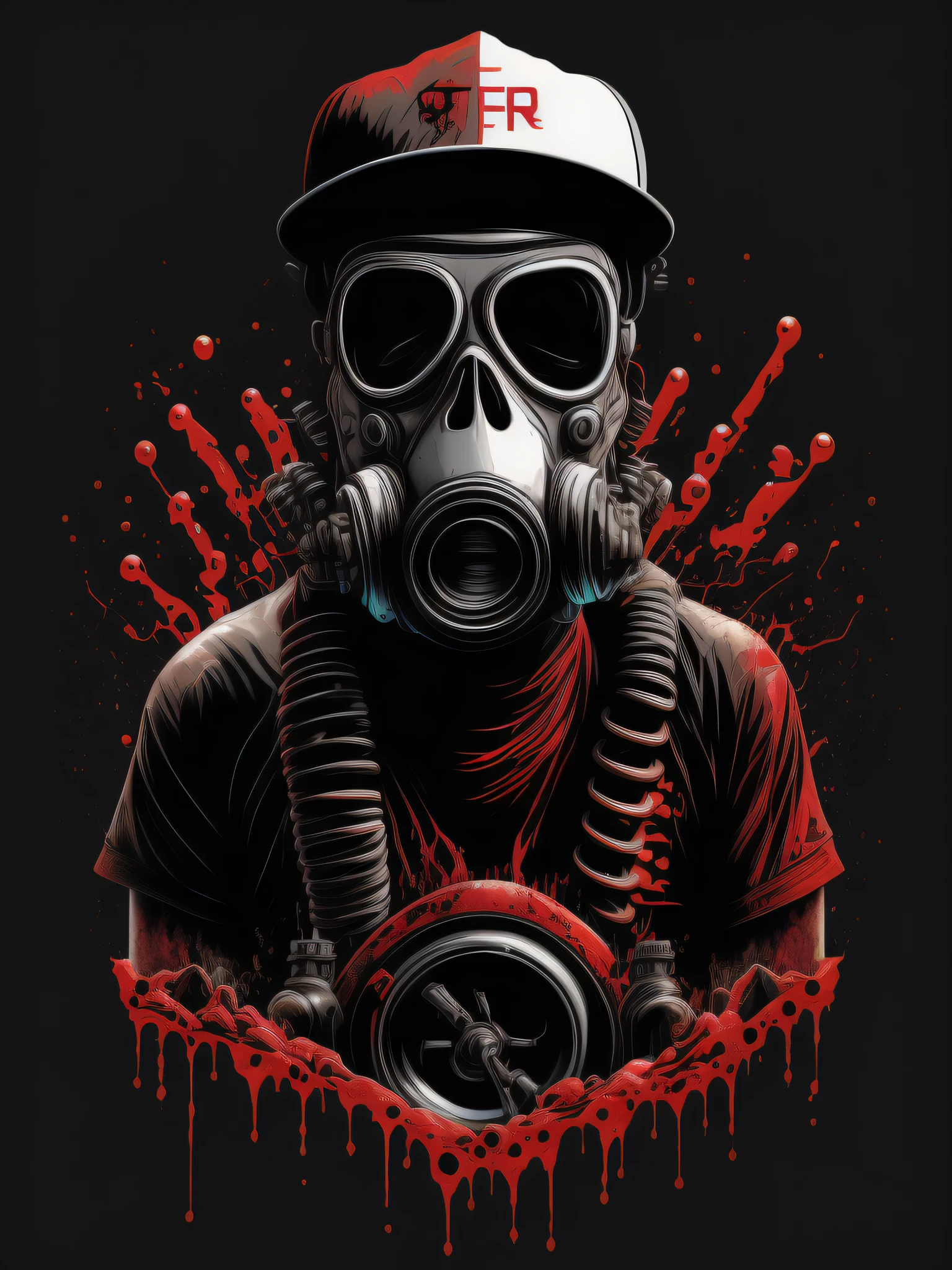 pixador skeleton with gas mask and cap, splash, spray, tracks, 80's, vector image, t-shirt design, isolated, black background, illustration, use only red and white brown colors, with letters "TDR" highlighted