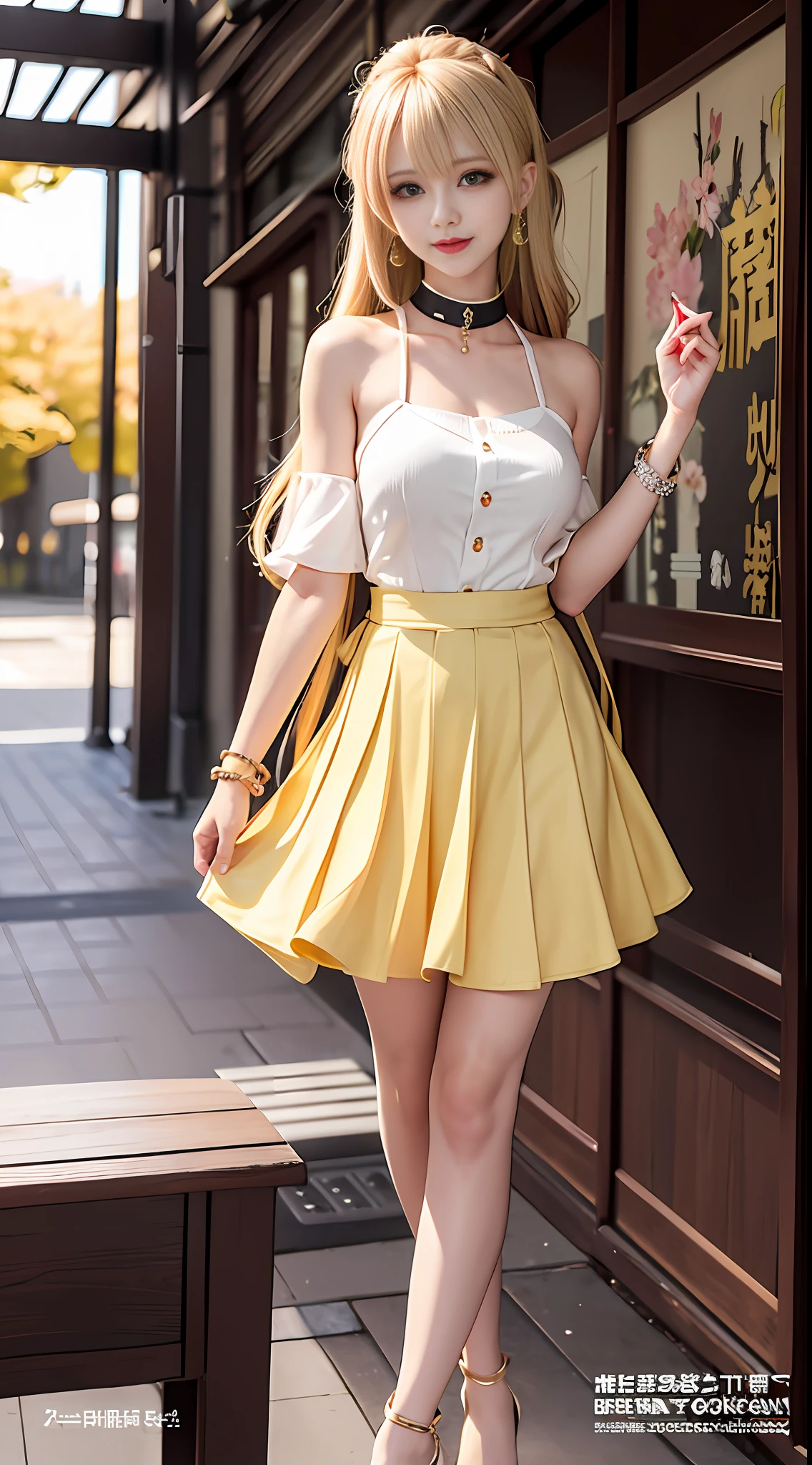 Masterpiece, Superb Piece, Full Body, 1girl, bangs, yellow choker, yellow tie, long blonde hair, yellow skirt, blush, bracelet, choker, waist dress, collarbone, collared shirt, denim photo, dress shirt, ear piercing, eyebrows visible through hair, gradient hair, grin, gyaru, jewelry, kogal, long hair, looking at the audience, loose tie, tie, piercing, pleated skirt, red eyes, ring, school uniform, shirt, skirt, smile, solo, white shirt, street, sky, cherry blossoms, petals, illustration, (magazine: 1.3), (cover style: 1.3), fashion, woman, vibrant, dress, pose, front, colorful, dynamic, background, element, confident, expressive, holding, statement, attachment, majestic, coiled, around, touch, scene, text, cover, bold, eye-catching, title, fashion, font, catchy, title, bigger, eye-catching, modern, fashionable, focused, fashionable, full-body, full-body photo