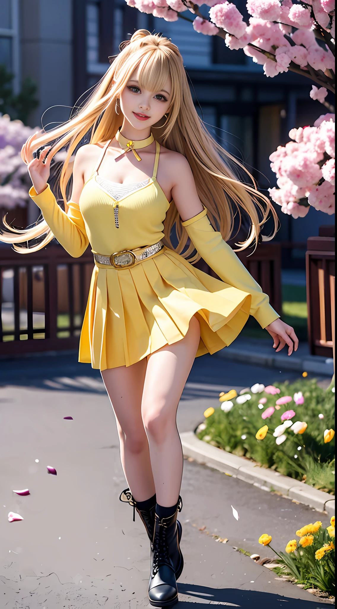 Masterpiece, Superb Piece, Full Body, 1girl, bangs, yellow choker, yellow tie, long blonde hair, yellow skirt, blush, bracelet, choker, waist dress, collarbone, collared shirt, denim photo, dress shirt, ear piercing, eyebrows visible through hair, gradient hair, grin, gyaru, jewelry, kogal, long hair, looking at the audience, loose tie, tie, piercing, pleated skirt, red eyes, ring, school uniform, shirt, skirt, smile, solo, white shirt, street, sky, cherry blossoms, petals, illustration, (magazine: 1.3), (cover style: 1.3), fashion, woman, vibrant, dress, pose, front, colorful, dynamic, background, element, confident, expressive, holding, statement, attachment, majestic, coiled, around, touch, scene, text, cover, bold, eye-catching, title, fashion, font, catchy, title, bigger, eye-catching, modern, fashionable, focused, fashionable, full-body, full-body photo