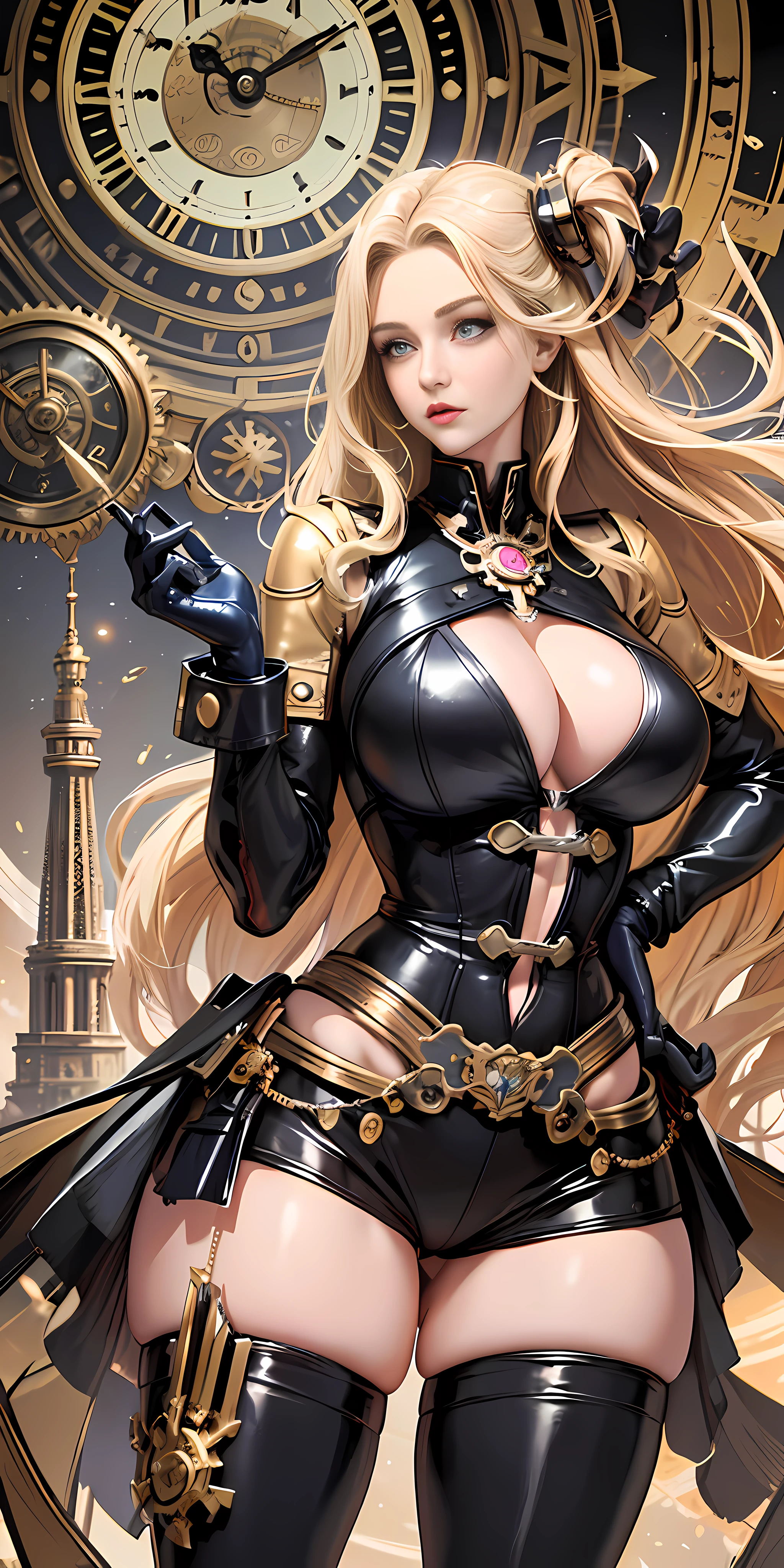 European and American style beautiful girl, blonde long hair curly, phoenix eyes, clear eyebrows, eye shadow, lip moisturizer, beautiful figure, beautiful curves, super exaggerated giant breast weight, big thick legs, open waist, sexy and charming, mecha, steampunk, gears, pipes, precision parts, clocks, time and space