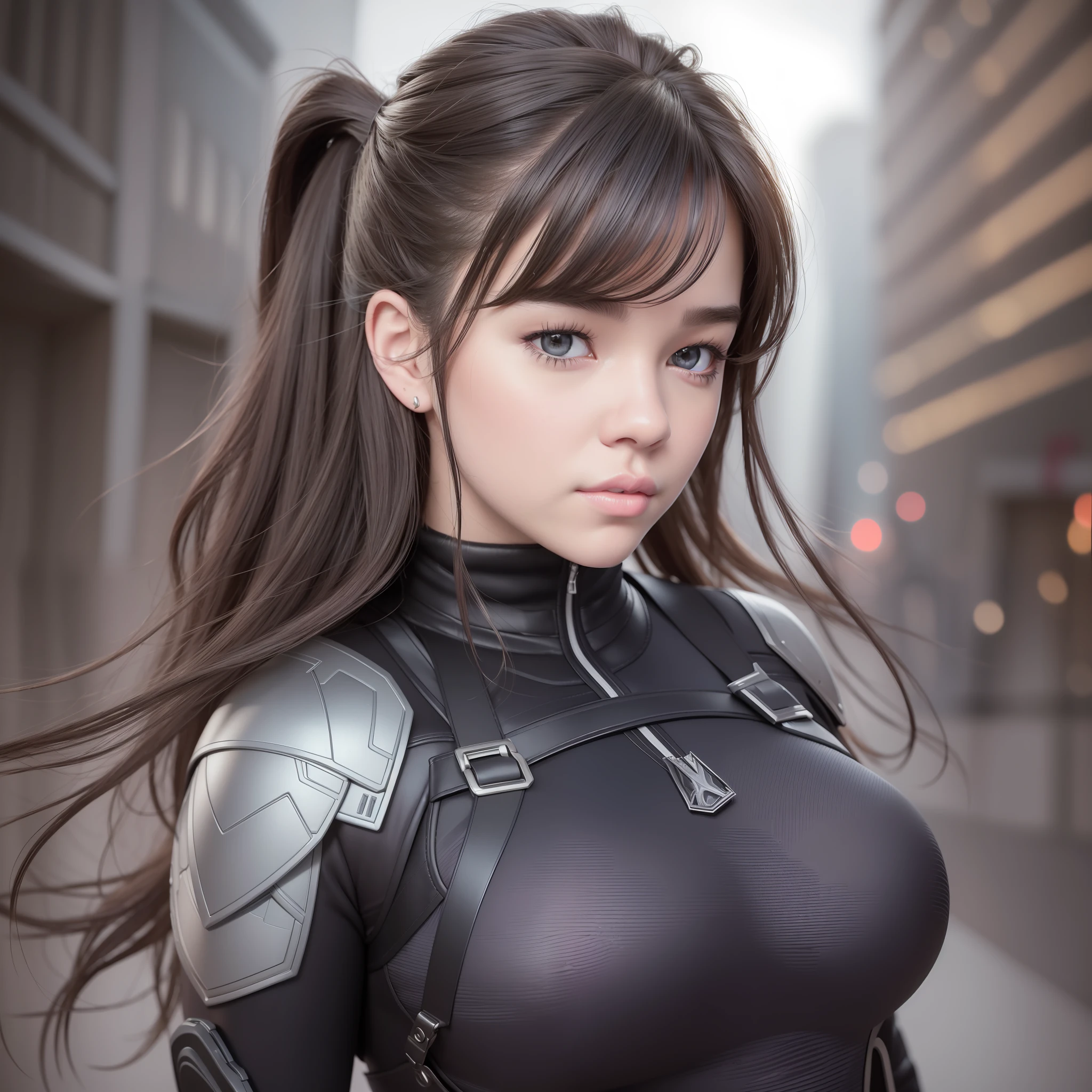 “Hailee Steinfeld”, 22 years old, Photo Realistic, Realistic. 1girl realistic, skin realistic, “Hailee Steinfeld” face, big boobs, Hawkeye girl character, detailed eye makeup, puffy eyes, solo, sharp focus, volumetric fog, 8k uhd, dslr, high quality, film grain, photorealism, lomography