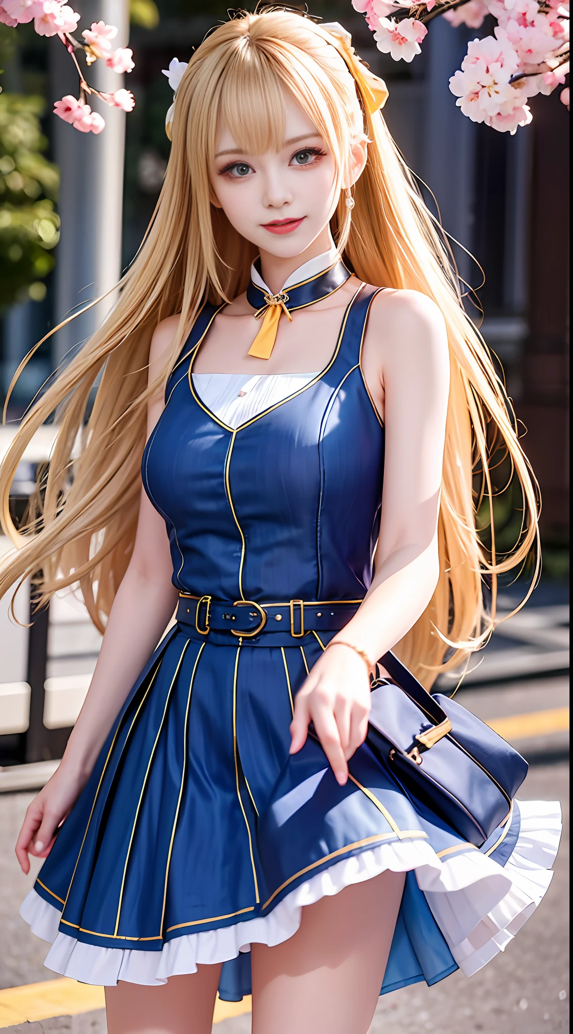Masterpiece, Superb Piece, Full Body, 1girl, bangs, yellow choker, yellow tie, long blonde hair, yellow skirt, blush, bracelet, choker, waist dress, collarbone, collared shirt, denim photo, dress shirt, ear piercing, eyebrows visible through hair, gradient hair, grin, gyaru, jewelry, kogal, long hair, looking at the audience, loose tie, tie, piercing, pleated skirt, red eyes, ring, school uniform, shirt, skirt, smile, solo, white shirt, street, sky, cherry blossoms, petals, illustration, (magazine: 1.3), (cover style: 1.3), fashion, woman, vibrant, dress, pose, front, colorful, dynamic, background, element, confident, expressive, holding, statement, attachment, majestic, coiled, around, touch, scene, text, cover, bold, eye-catching, title, fashion, font, catchy, title, bigger, eye-catching, modern, fashionable, focused, fashionable, full-body, full-body photo