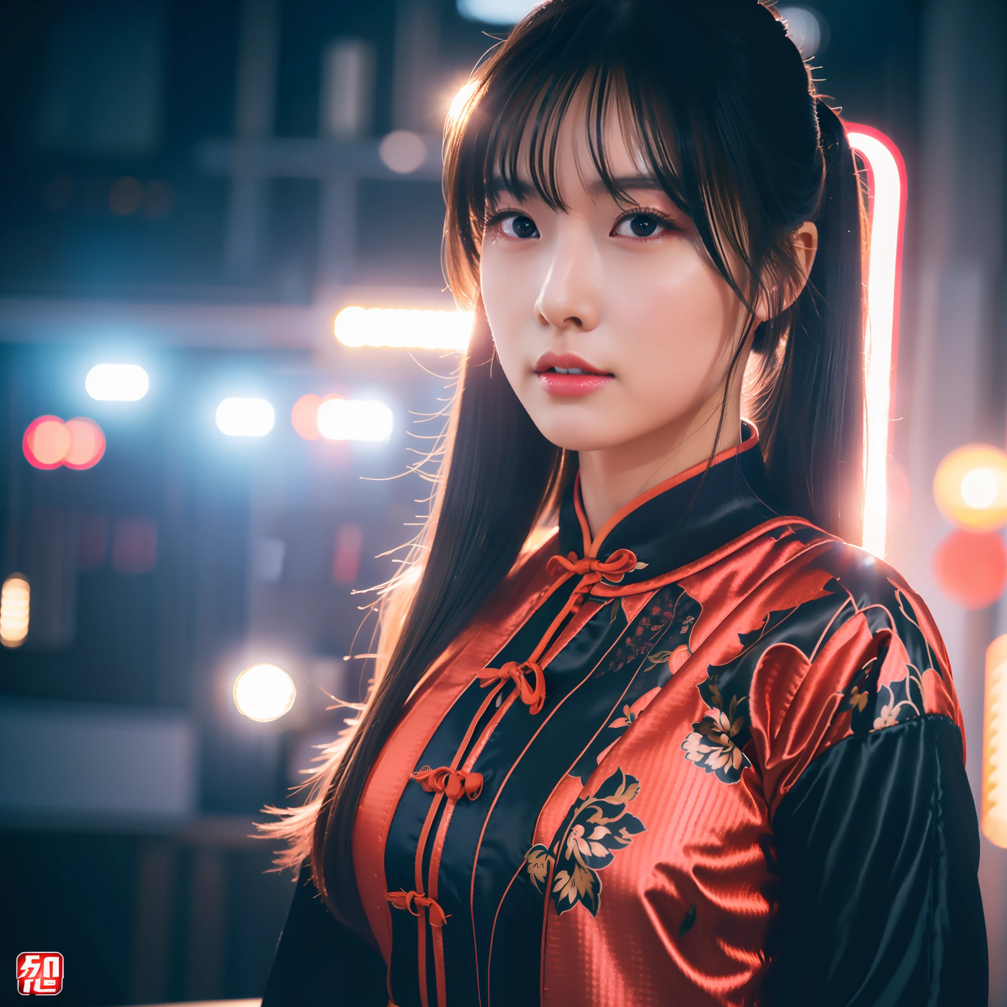 Delicate Beautiful Attractive Face With Alluring Black Eyes,(original) , (very detailed wallpaper), very detailed illustrations, (1 Girl) , beautiful eyes,(delicate face),perfect detail,twintails, red eyes, pink lips, bright blue eyes, closed mouth,
((mechanical parts)),outdoors,cyberpunk, city lights, night sky, neon lamp, Light Enhancement ,orange theme,cyberhanfu,cheongsam, Chinese clothes,
(best lighting),(super complex detail), 4K Unity, (super detailed CG: 1.2) ,(8K: 1.2),full body,