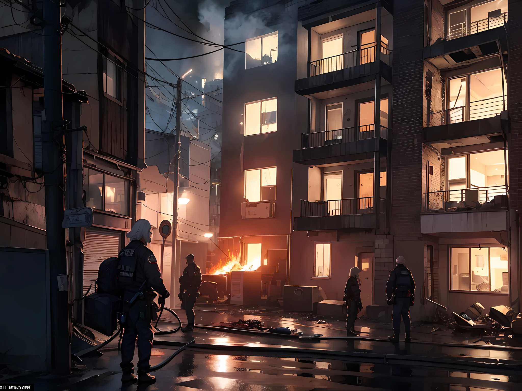 (Night: 1.5), a 20-year-old white-haired girl with unrecognizable facial burns jumped downstairs with a burning apartment behind her