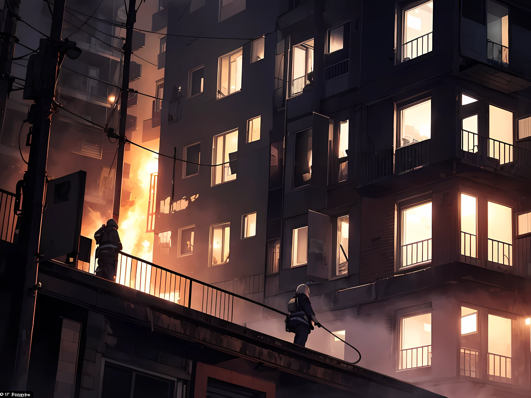 (Night: 1.5), a 20-year-old white-haired girl with unrecognizable facial burns jumped downstairs with a burning apartment behind her