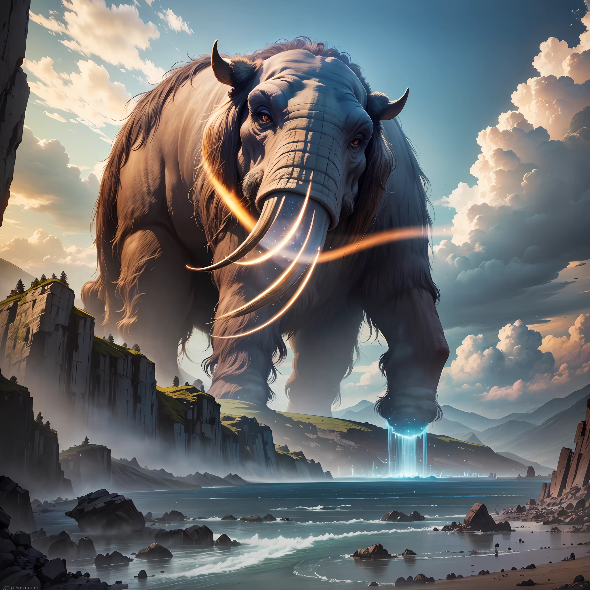 Giant mammoth in an epic and beautiful landscape, foto HDR, magical fantasy aesthetics, fotografia hiper realista, melhor qualidade, 12mm f/Fodendo 16, trending on Flickr --auto --s2