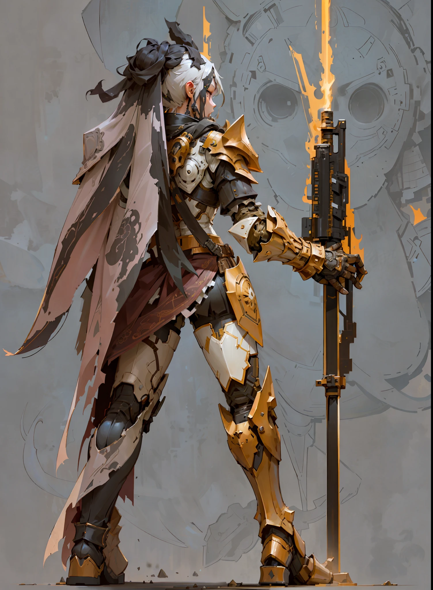 Back of a girl holding a riding gun and wearing armor, back view, holding a riding gun, partially nude, asymmetrical, original art setting, half-body leather armor, leather shield, character design, concept design, riding gun, metal armor, intricate pattern decoration, white background,