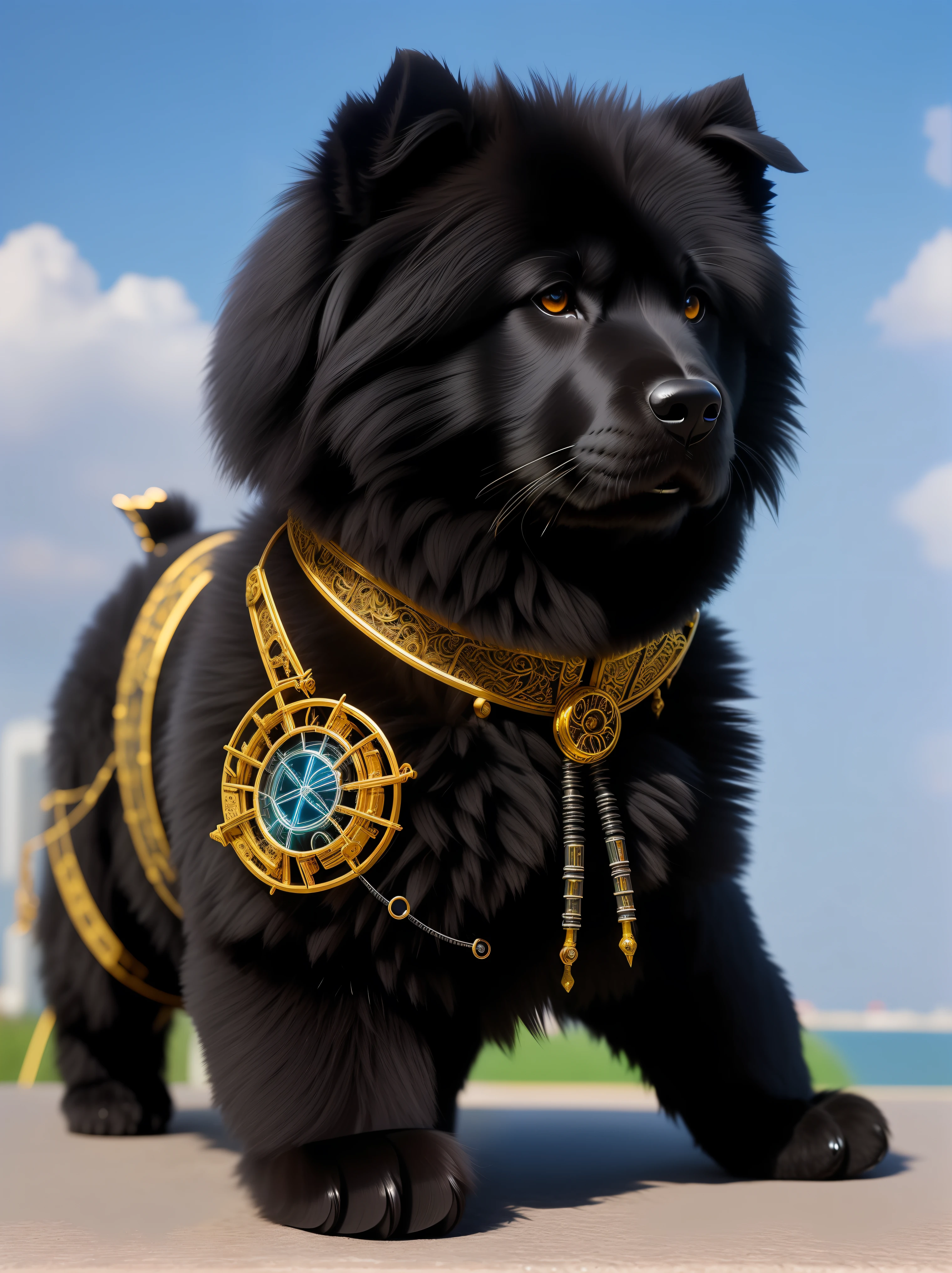 a cute black chow chow made of metal, (cyborg:1.1), ([tail | detailed wire]:1.3), (intricate details), HDR, (intricate details, hyperdetailed:1.2), cinematic plane, vignette, centered,