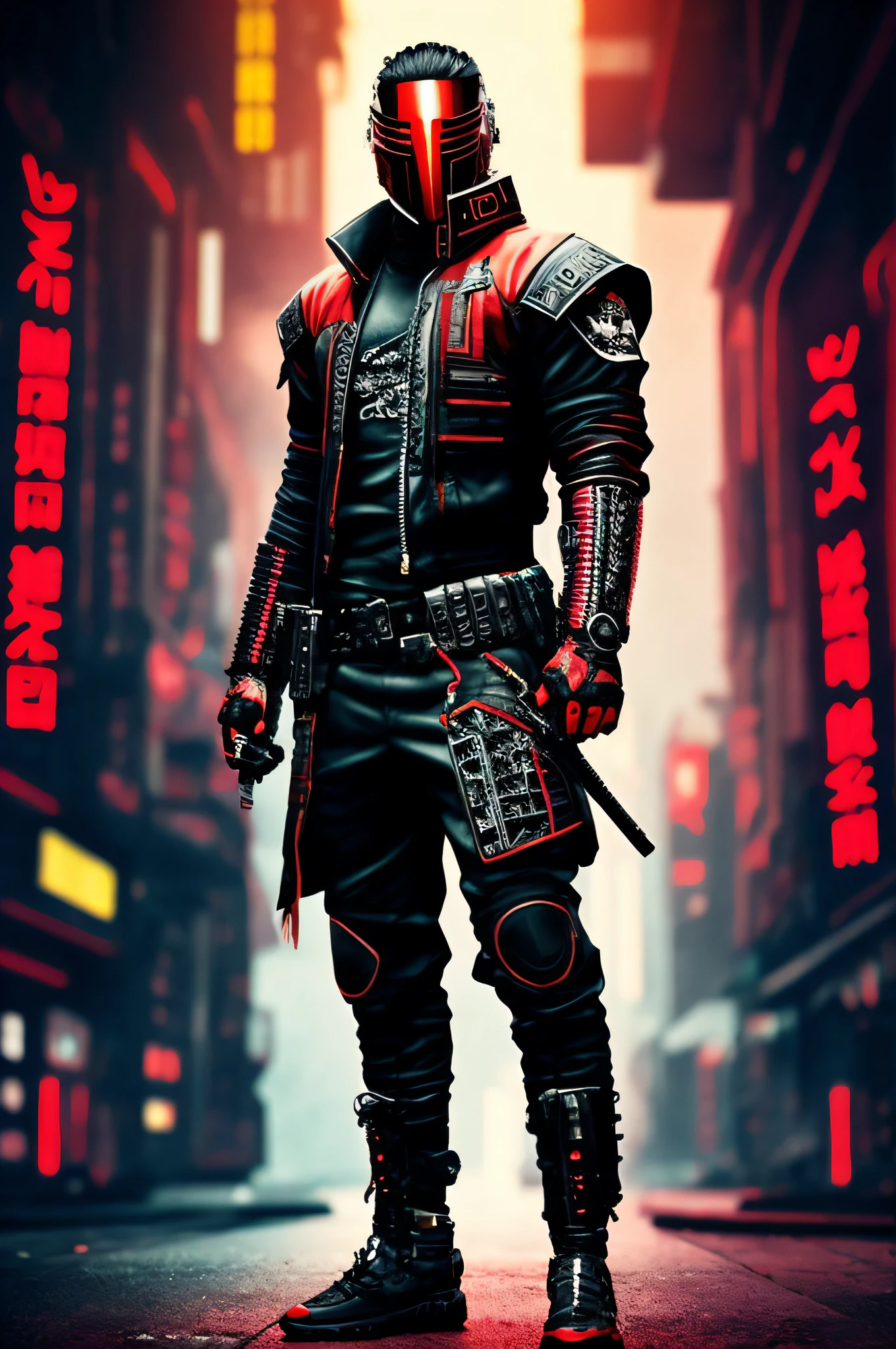 Bounty Hunter, cyberpunk ninja, full body, badass pose, black and red clothes, jacked body, cyberpunk bali background .
