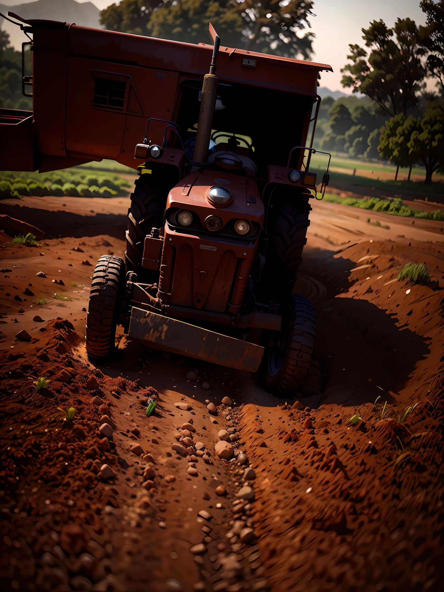 there is a red tractor parked in a dirt field, year 2 5 0 0, farmer, captured with sony a3 camera, full front view, mechanised, taken with a canon dslr camera, by John Wilson, farm land, front view, front view 2 0 0 0, 3/4 front view, front-view, vastayan, front shot, front side