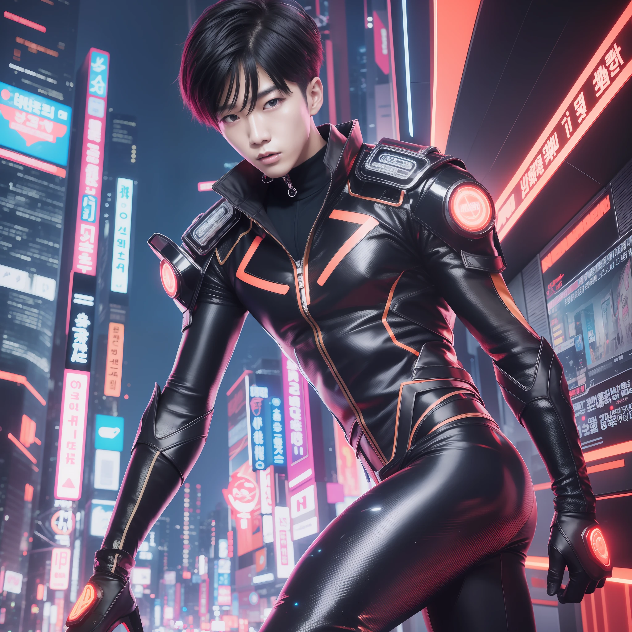 Young Korean man in shiny futuristic clothes as a cyberpunk character in neonninja style, futuristic city. Orange neon color, young model, cool male idol, provocative expression, night, glittering orange neon, futuristic, concept art, blade runner worldview, toron worldview, painting, illuminated, close-up, detail, sparkling.