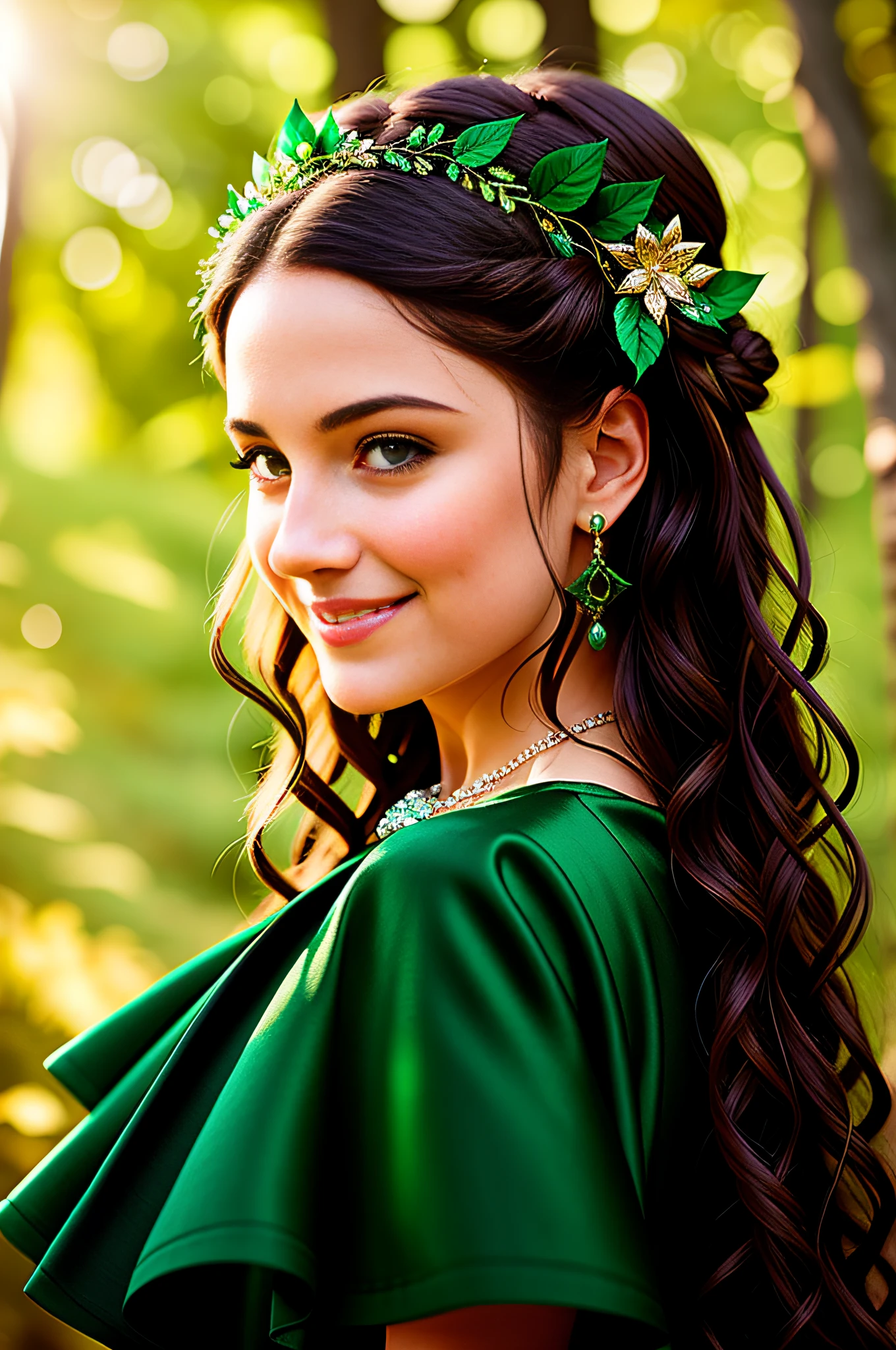 happy young woman smiling with green eyes and long beautiful hair and a green dress in the woods, (((smiling))), art by Abbott Handerson Thayer, fine detail, atmospheric, vivid tones, sharp focus, sharp edges, Beautiful simple emerald and diamonds necklace, detailed eyes, detailed face, looking into camera, intricate, night outfit, bokeh background, back lighting, realistic concept art, digital painting, rich 3d render, The entire face that is captured on screen, 16k