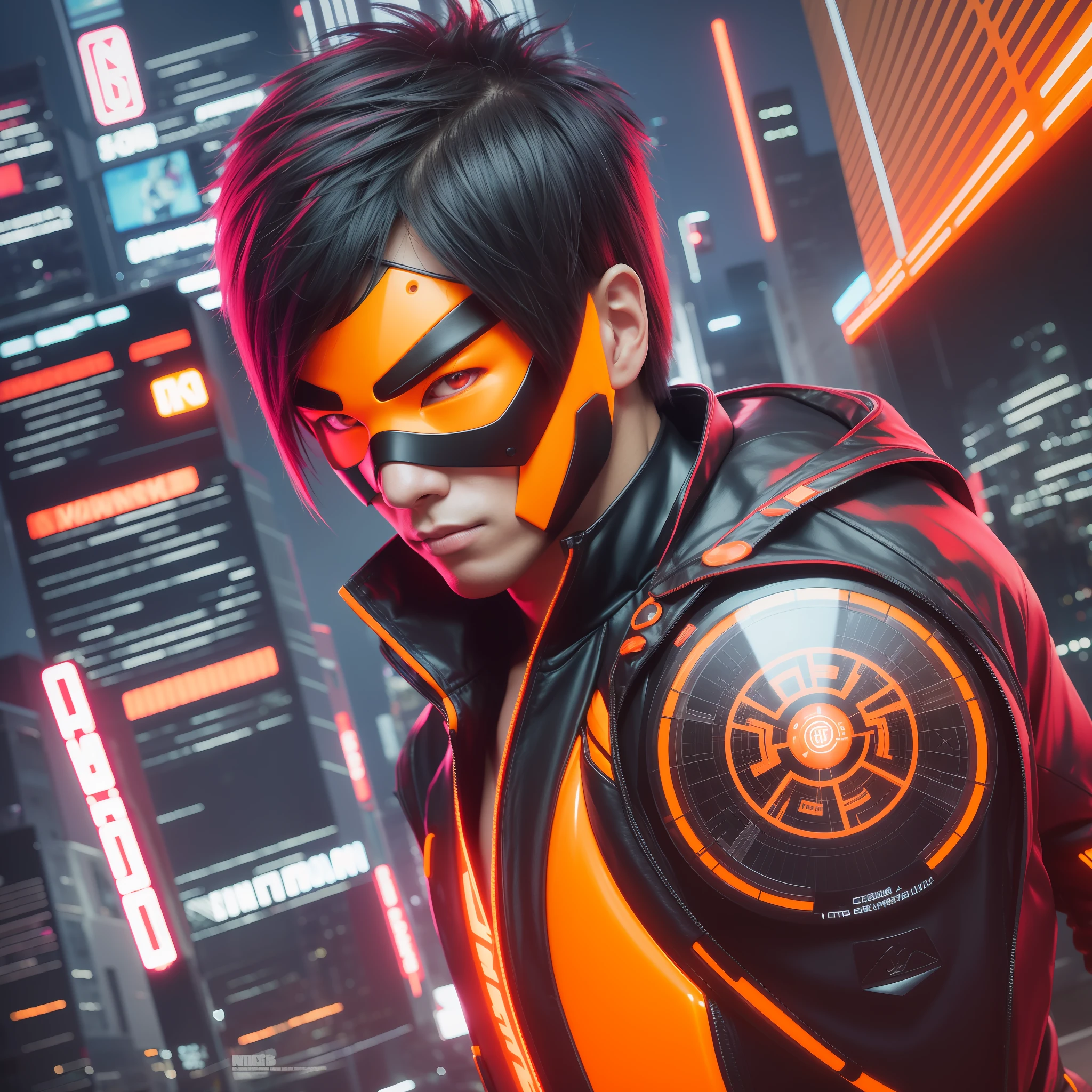 Neonninja style, young Japan man in shiny futuristic clothes as a cyberpunk character in a futuristic city. Orange neon color, young and cool model, provocative expression, night, glittering orange neon, futuristic, concept art, blade runner worldview, toron worldview, painting, illuminated, close-up, detail, sparkling.