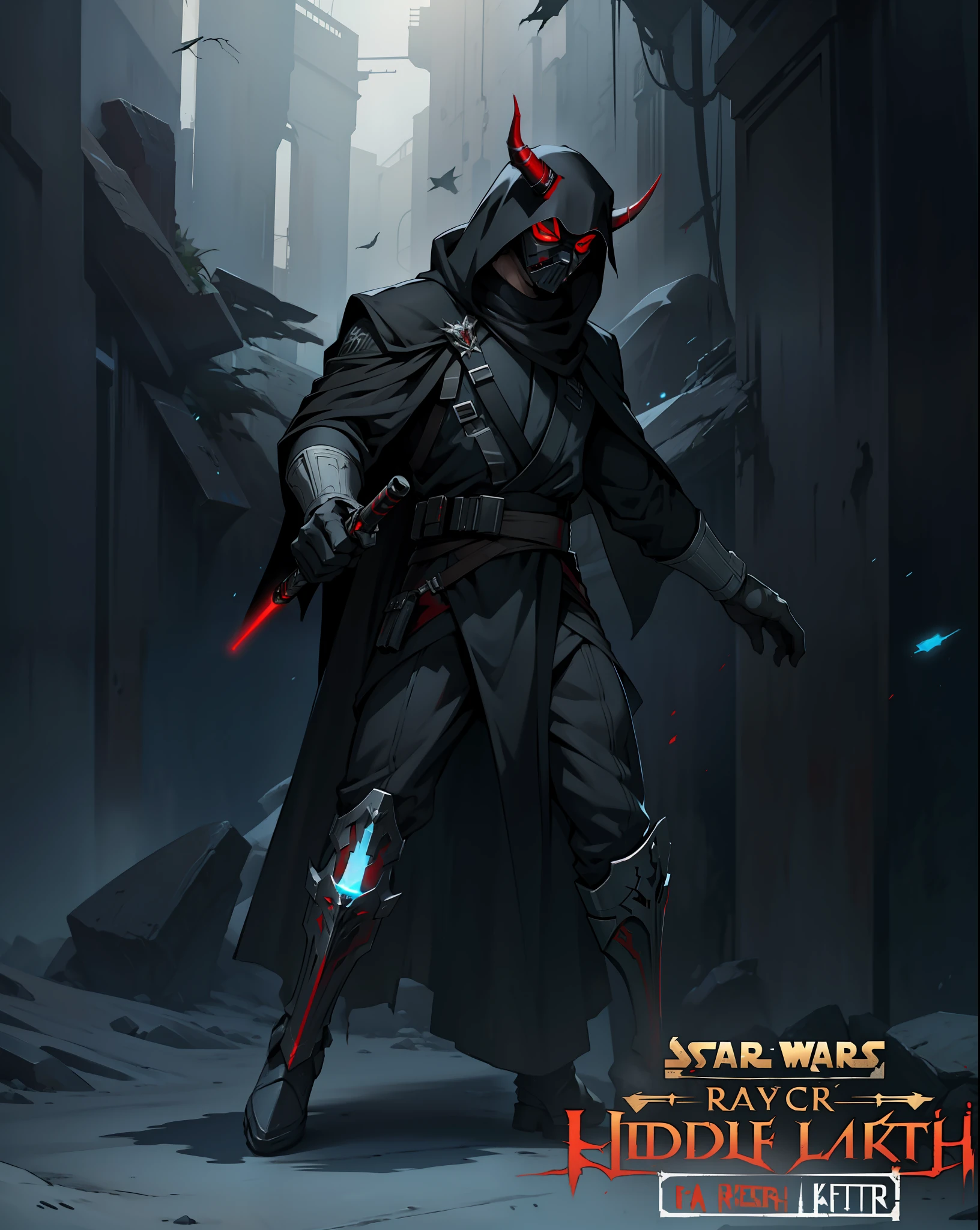Star Wars Sith model, a man, zabrak race, mask ornamented with white and red, mask eyes closed, 2 red kyber crystals on the mask, small and worn horns, black torn overcoat, 1 red lightsaber in each hand, dark and red aura around the character.