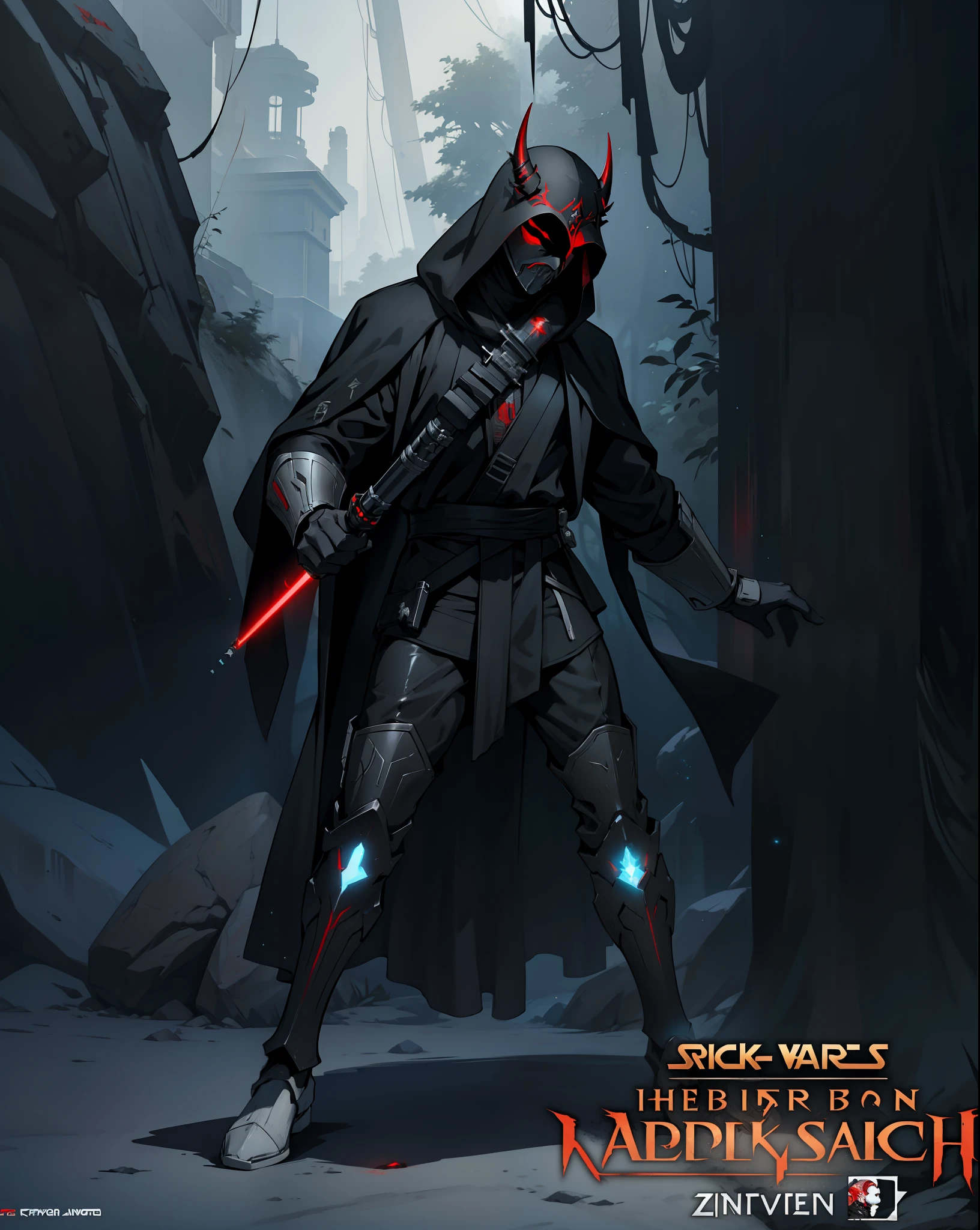 Star Wars Sith model, a man, zabrak race, mask ornamented with white and red, mask eyes closed, 2 red kyber crystals on the mask, small and worn horns, black torn overcoat, 1 red lightsaber in each hand, dark and red aura around the character.